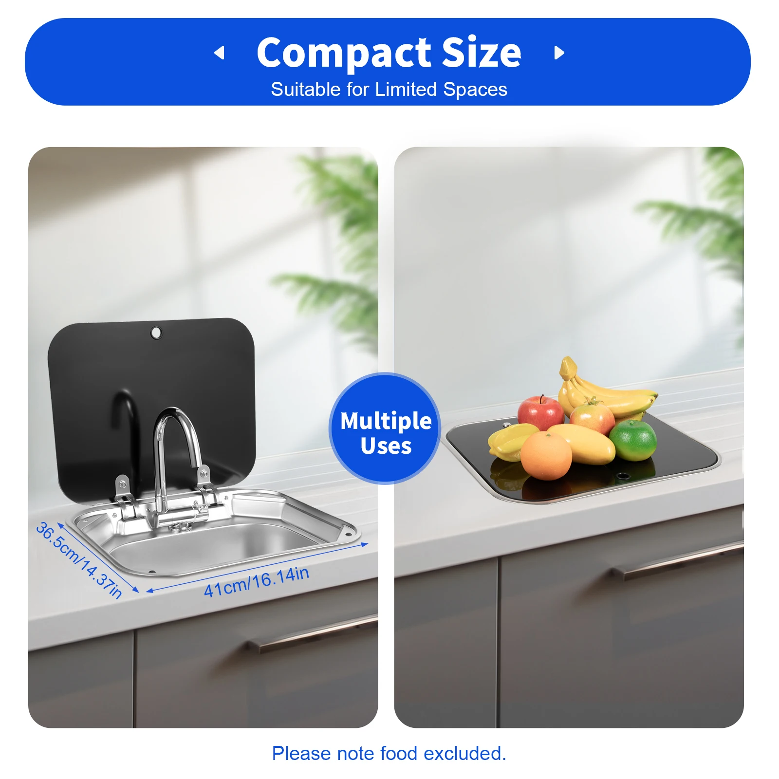 16.7x14.7 Inch Hand Wash Basin Stainless Steel RV Sink with Folded Faucet Tempered Glass Lid van Camper Trailer Accessories