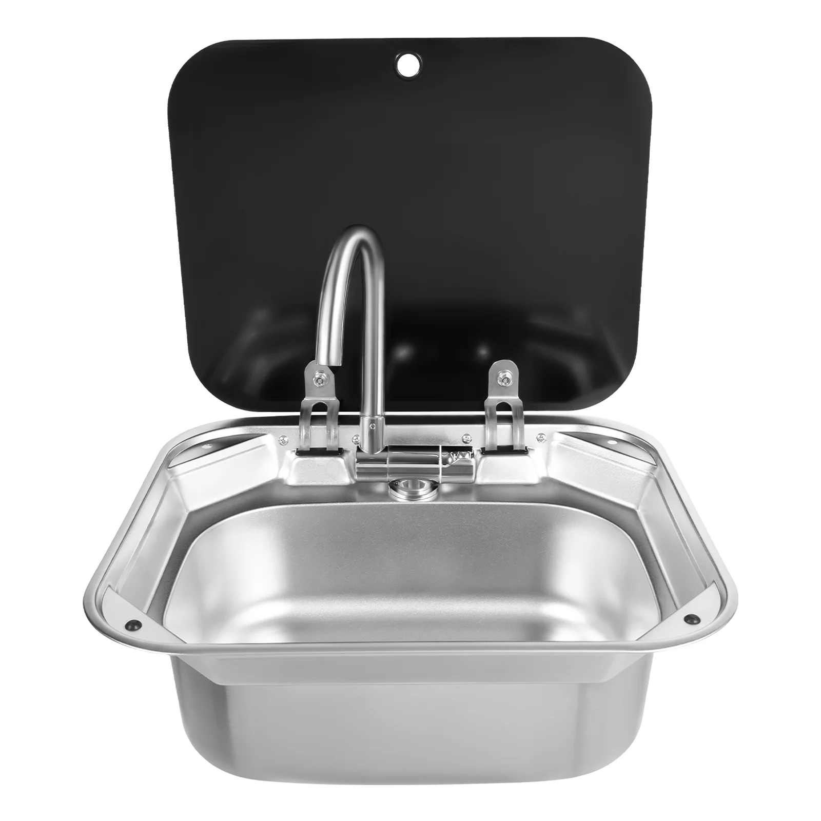16.7x14.7 Inch Hand Wash Basin Stainless Steel RV Sink with Folded Faucet Tempered Glass Lid van Camper Trailer Accessories