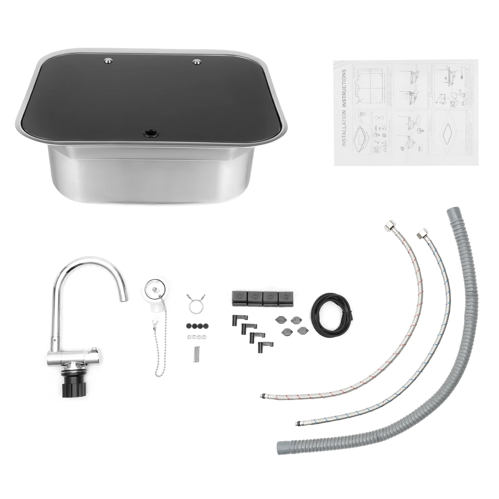 16.7x14.7 Inch Hand Wash Basin Stainless Steel RV Sink with Folded Faucet Tempered Glass Lid van Camper Trailer Accessories