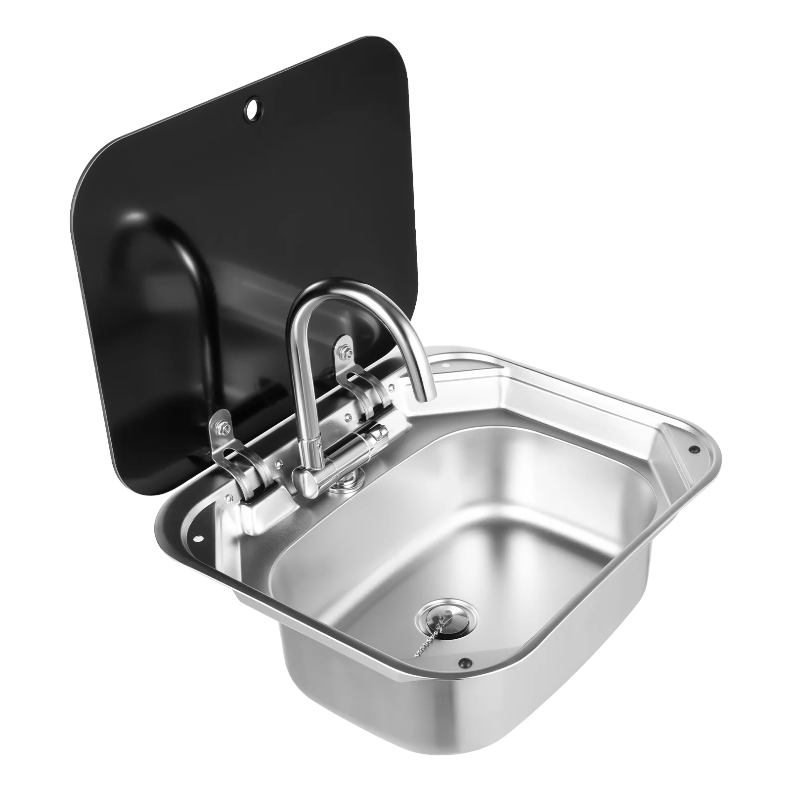 16.7x14.7 Inch Hand Wash Basin Stainless Steel RV Sink with Folded Faucet Tempered Glass Lid van Camper Trailer Accessories