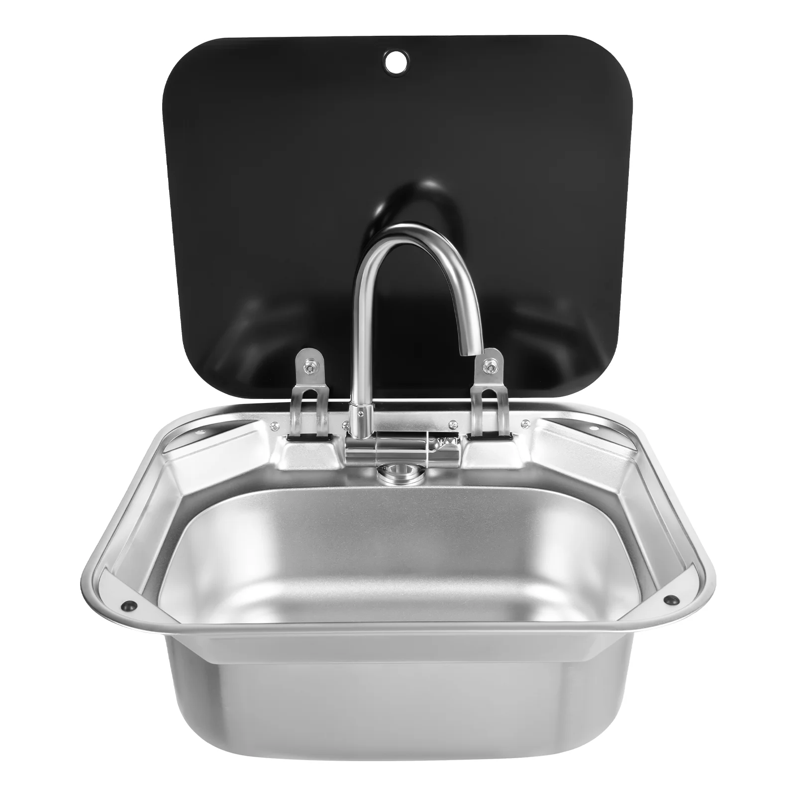 16.7x14.7 Inch Hand Wash Basin Stainless Steel RV Sink with Folded Faucet Tempered Glass Lid van Camper Trailer Accessories