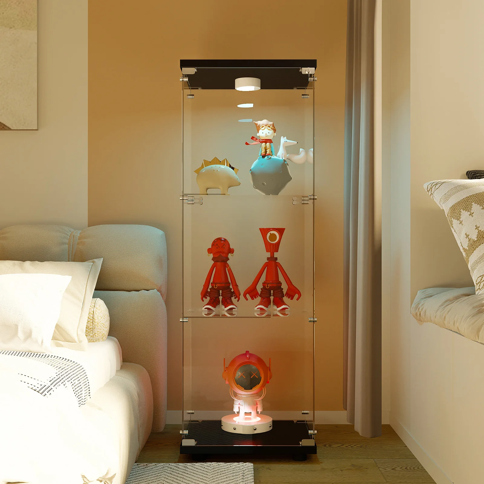 Lazyspace Glass Display Cabinet 125x42x36cm, Modern Glass Wooden Display Cabinet with 3 Shelves for Collectibles, Books, Wine