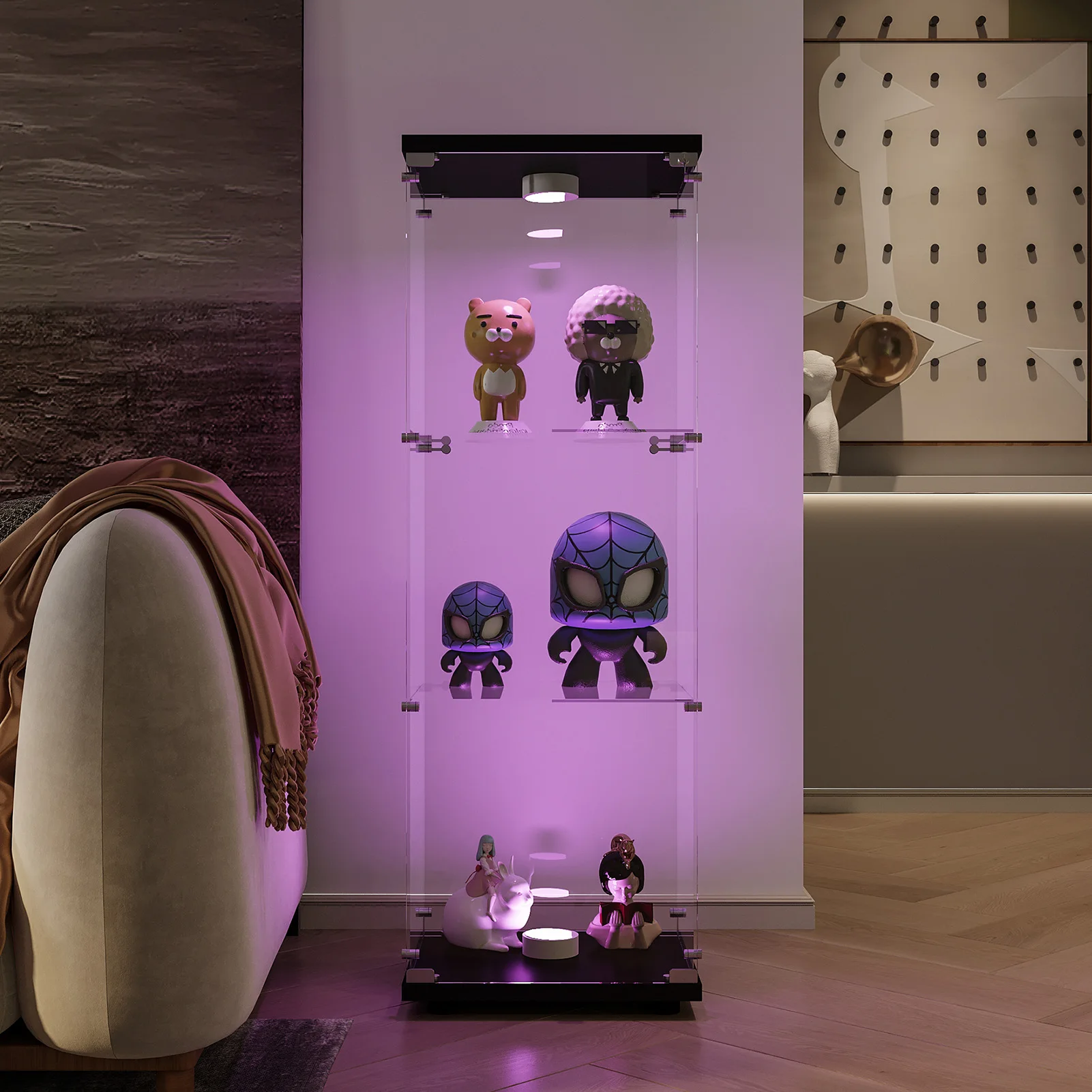 Lazyspace Glass Display Cabinet 125x42x36cm, Modern Glass Wooden Display Cabinet with 3 Shelves for Collectibles, Books, Wine
