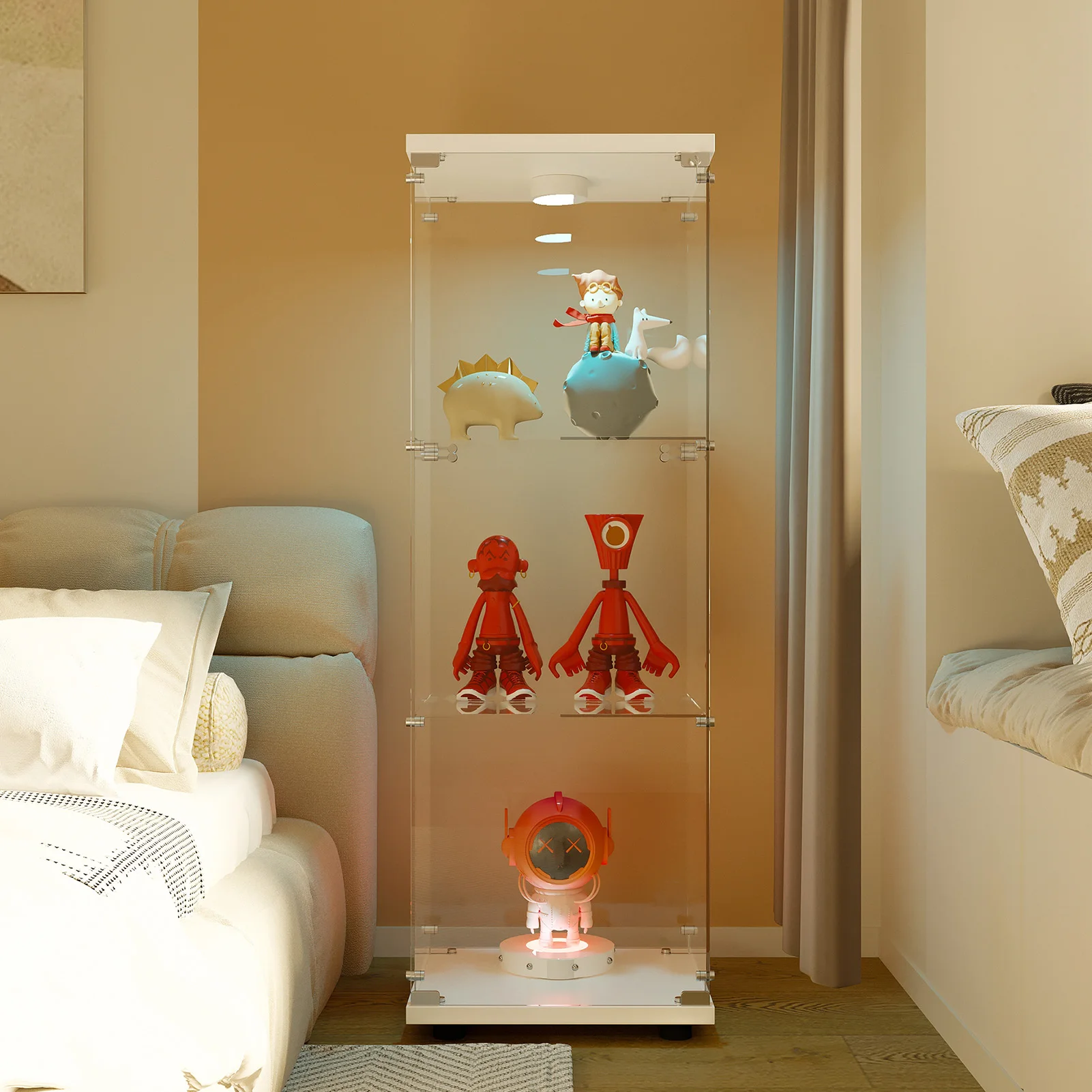 Lazyspace Glass Display Cabinet 125x42x36cm, Modern Glass Wooden Display Cabinet with 3 Shelves for Collectibles, Books, Wine