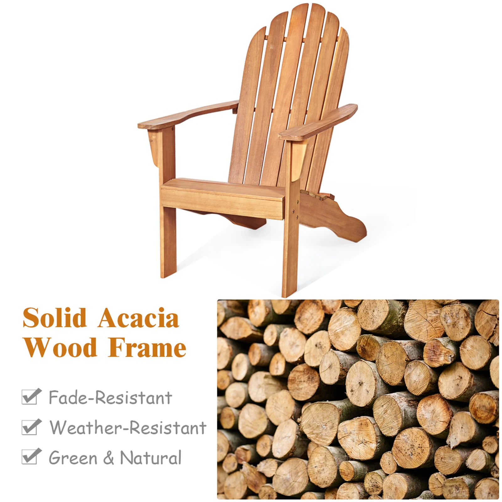 Adirondack Chair, Garden Chair Made of Acacia Wood, Garden Chair, Adirondack Chair for Garden, Patio (Natural)