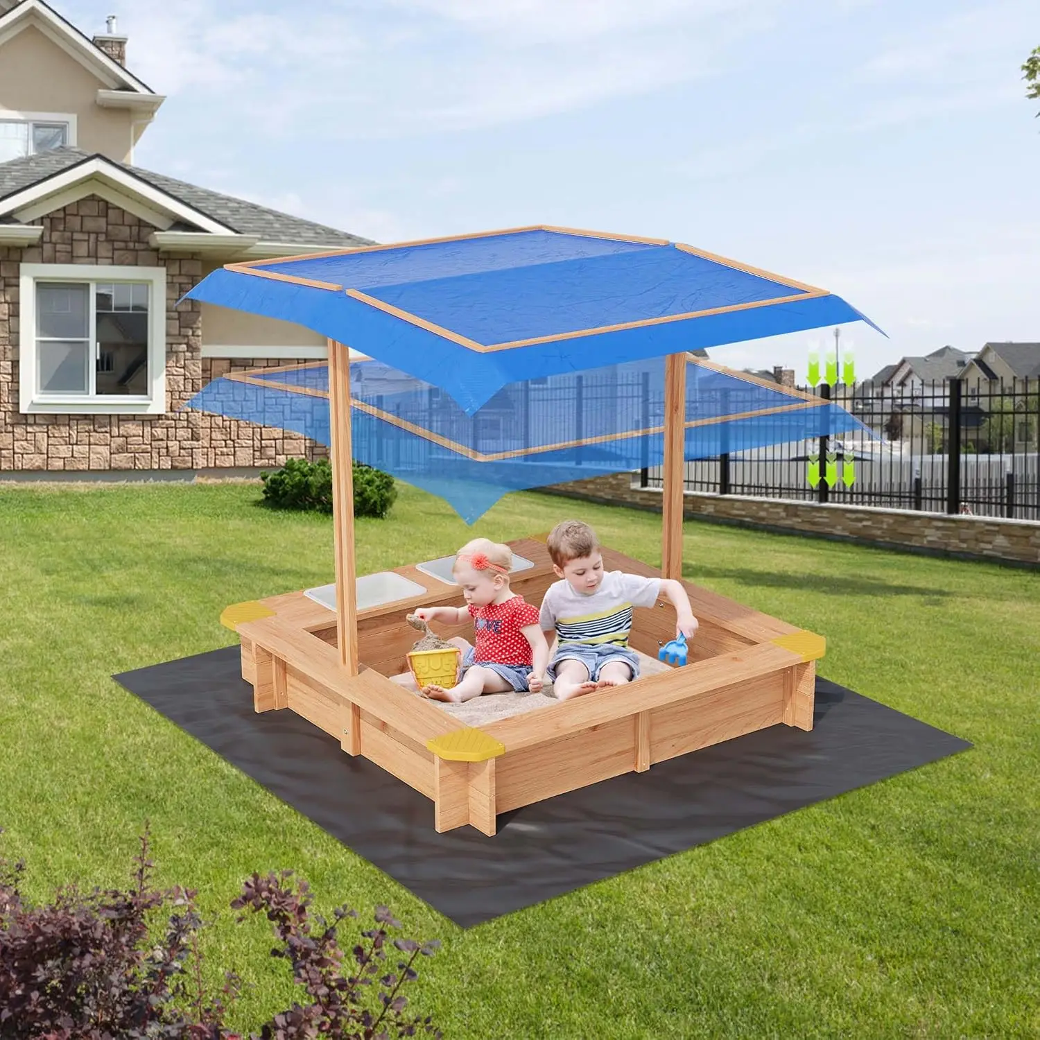 Wooden Sandbox Outdoor Sandbox with Adjustable Canopy for children aged 3-8 Spacious Children's sandbox for the Beach Backyard