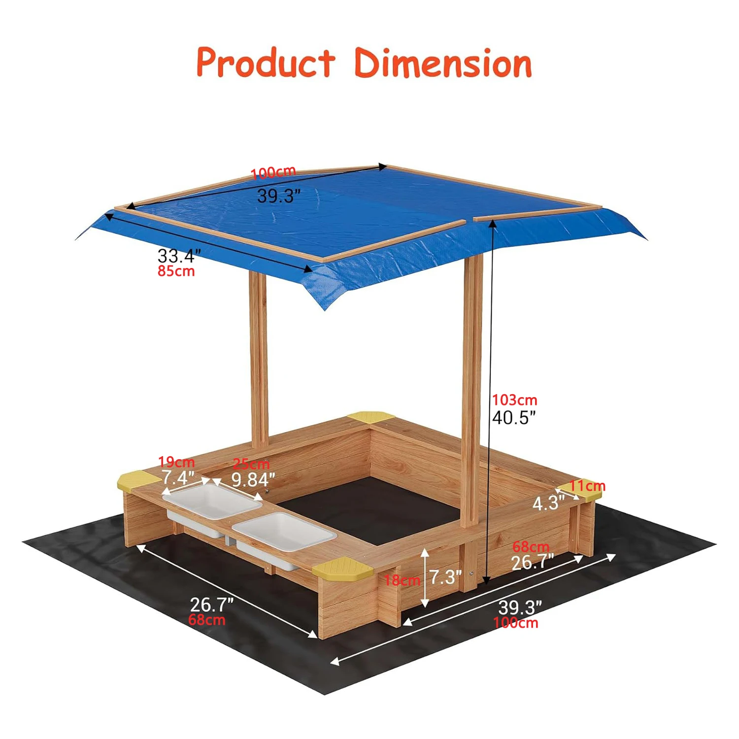 Wooden Sandbox Outdoor Sandbox with Adjustable Canopy for children aged 3-8 Spacious Children's sandbox for the Beach Backyard