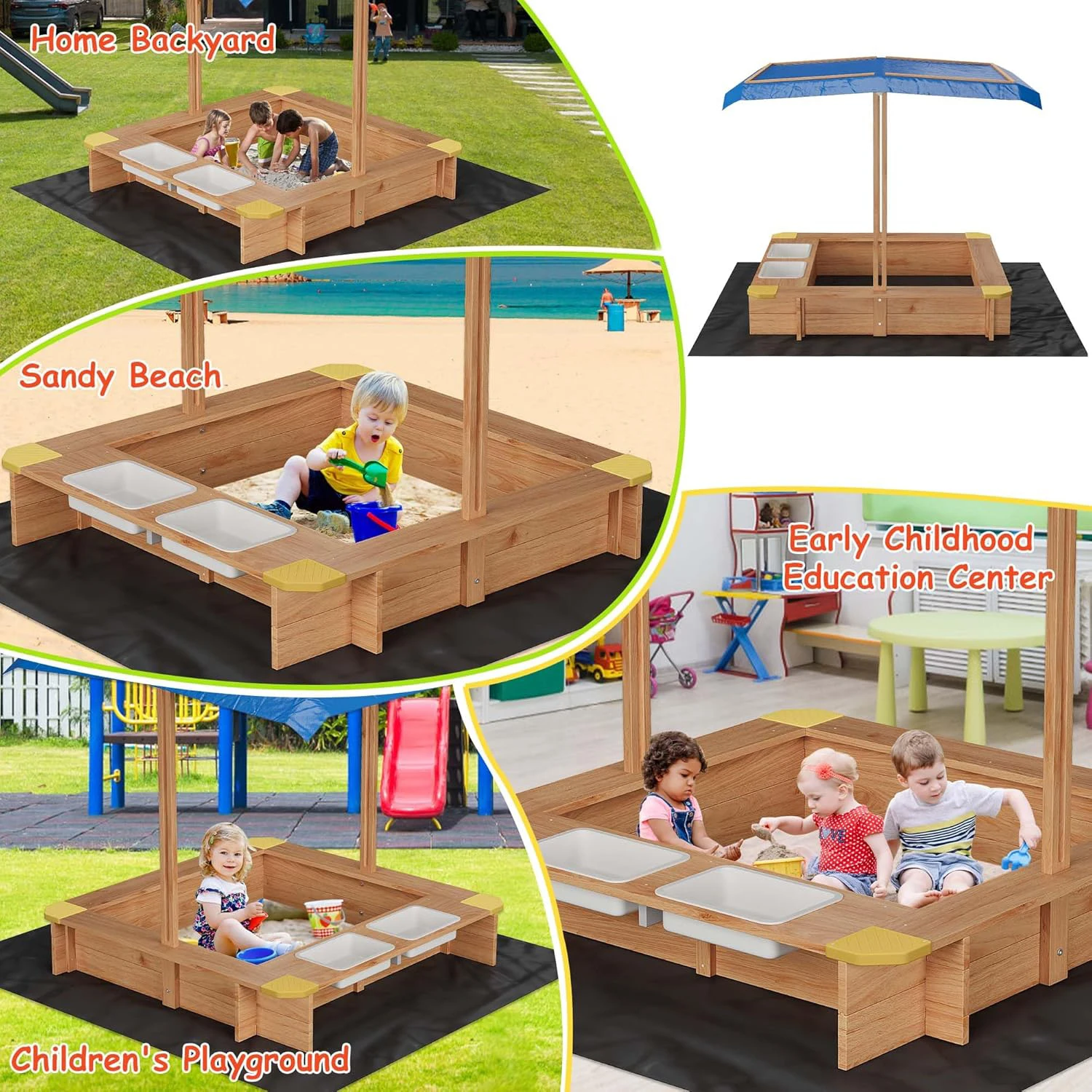 Wooden Sandbox Outdoor Sandbox with Adjustable Canopy for children aged 3-8 Spacious Children's sandbox for the Beach Backyard
