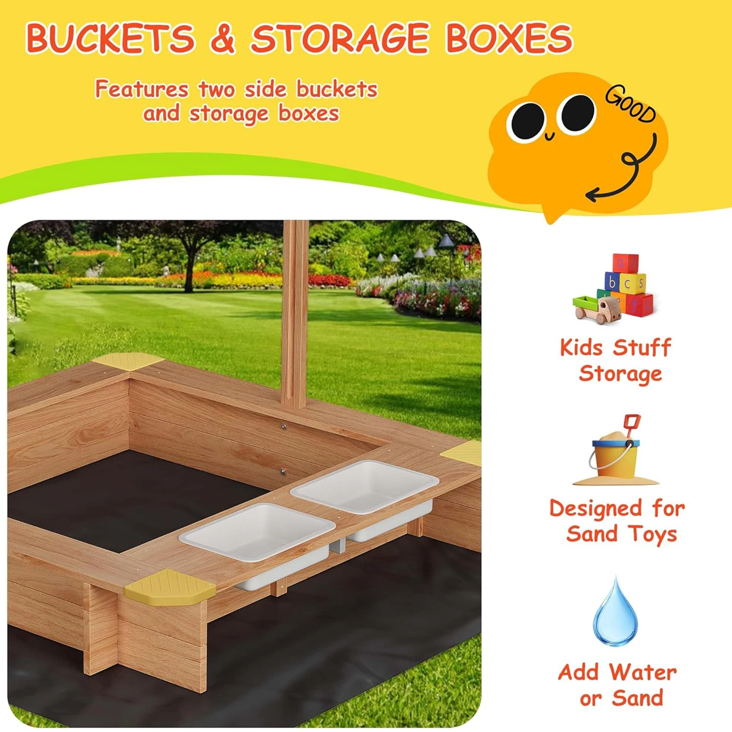 Wooden Sandbox Outdoor Sandbox with Adjustable Canopy for children aged 3-8 Spacious Children's sandbox for the Beach Backyard