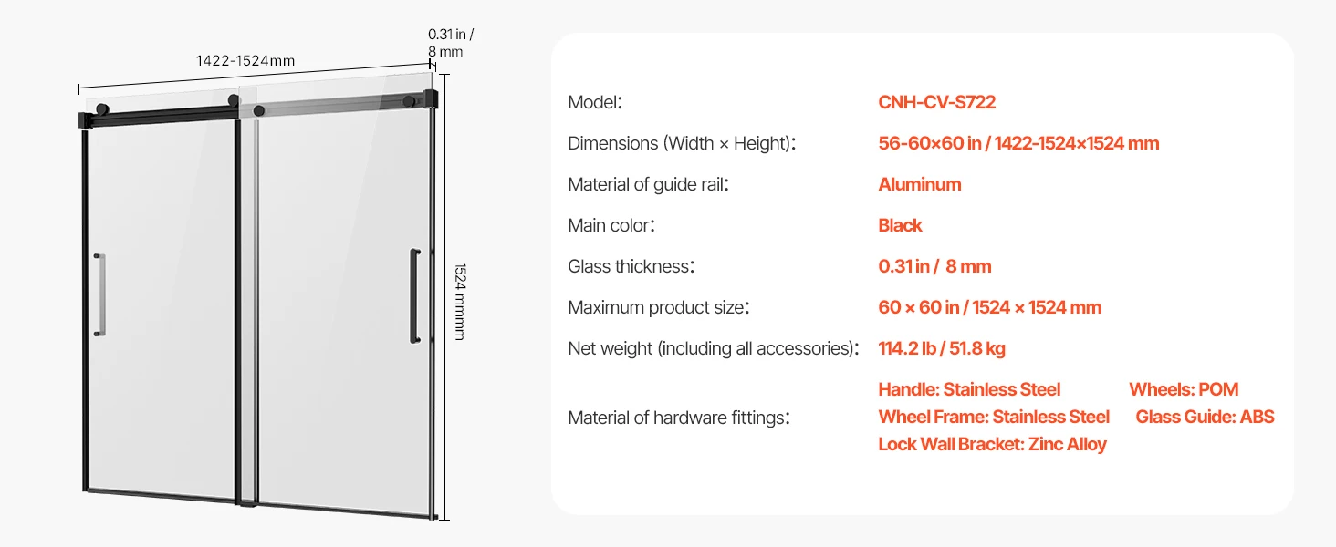 SucceBuy Frameless Sliding Bathtub Door 56-60in.Wx60 in.H Frameless Shower Glass Door Double Sliding Tub Door with 5/16 in Glass