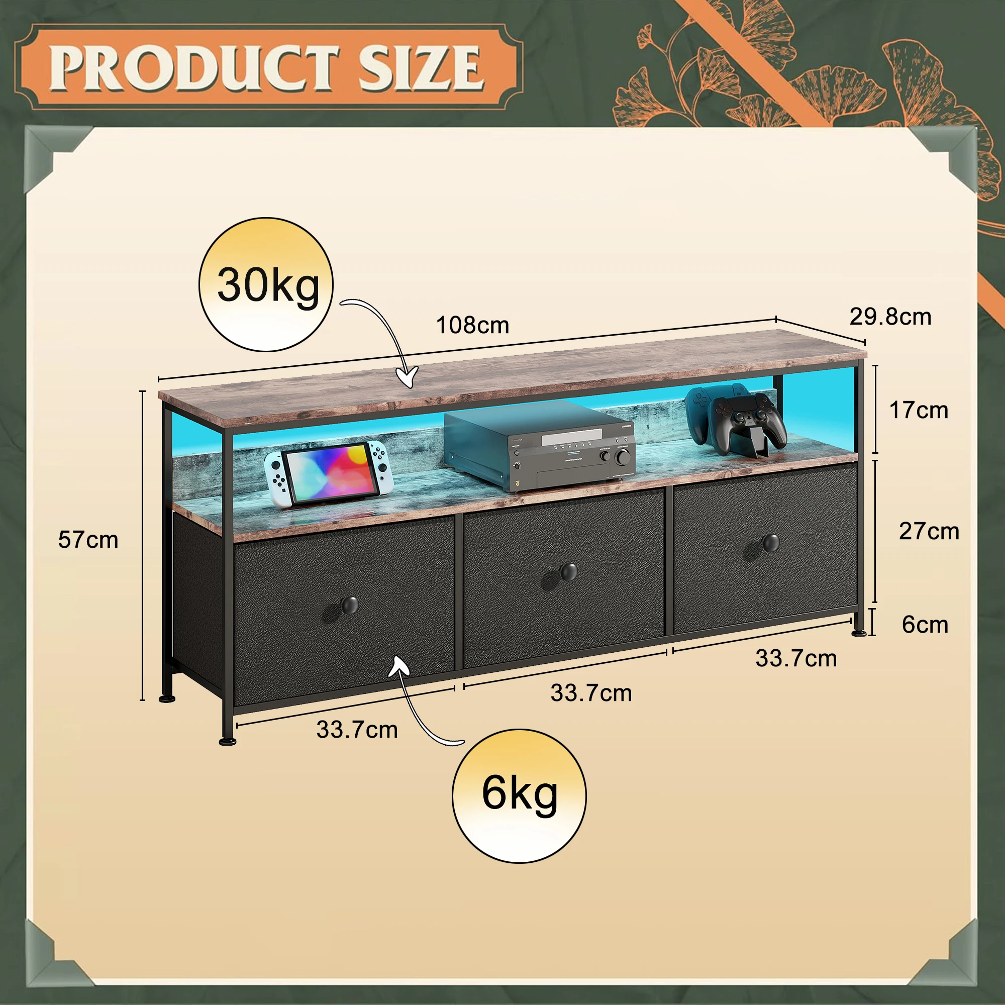 Comanlai TV Cabinet With LED Lighting,Chest of Drawers Made of Fabric,Retro Low Storage Cabinet,Multipurpose for Living Room