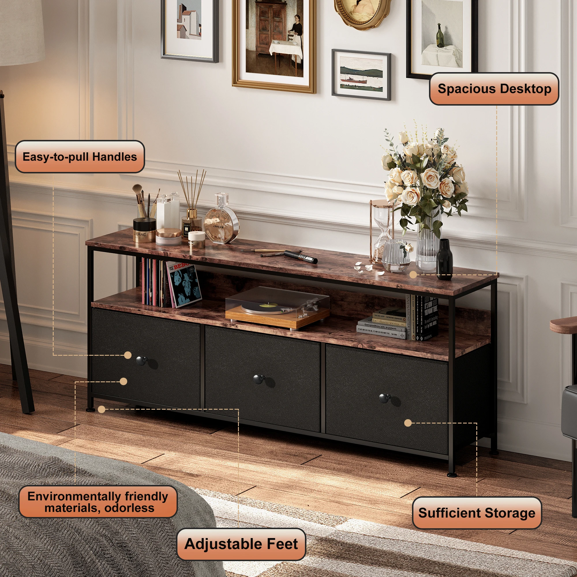 Comanlai TV Cabinet With LED Lighting,Chest of Drawers Made of Fabric,Retro Low Storage Cabinet,Multipurpose for Living Room