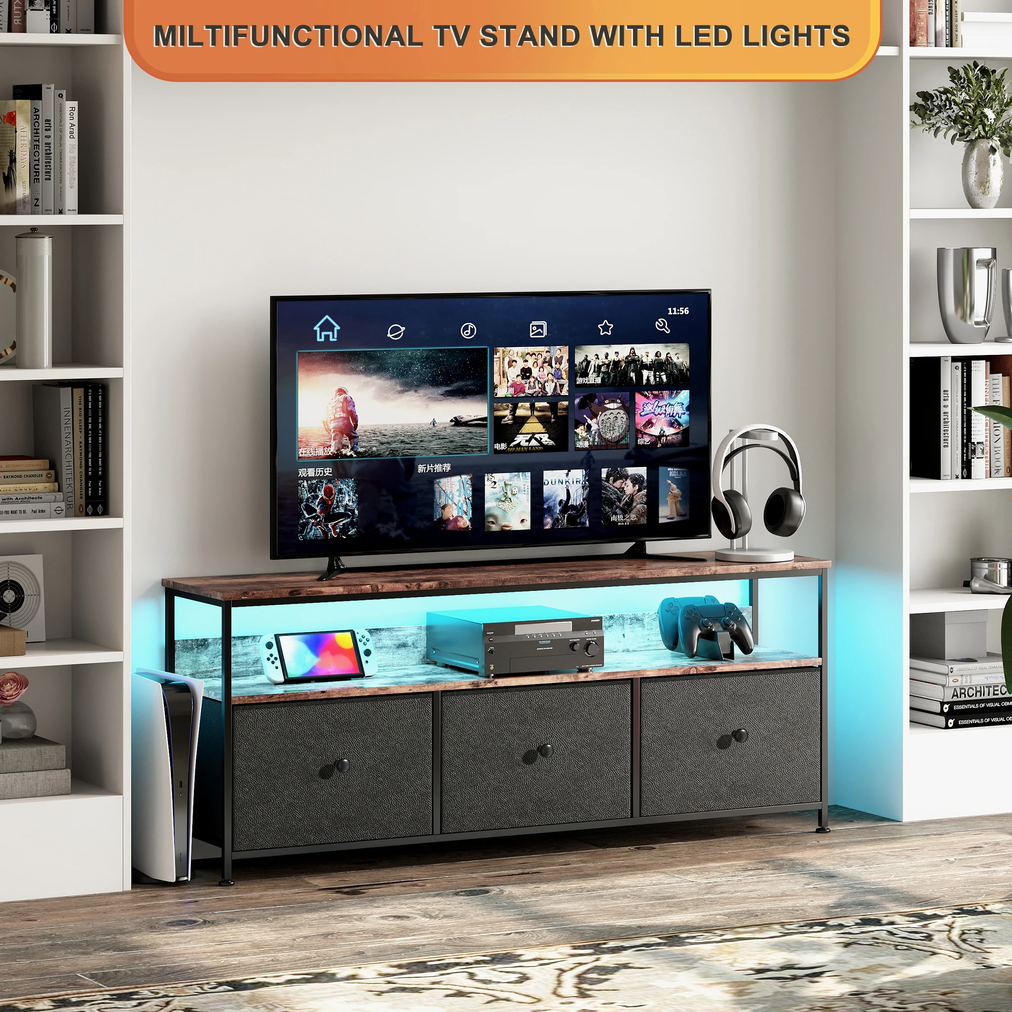 Comanlai TV Cabinet With LED Lighting,Chest of Drawers Made of Fabric,Retro Low Storage Cabinet,Multipurpose for Living Room