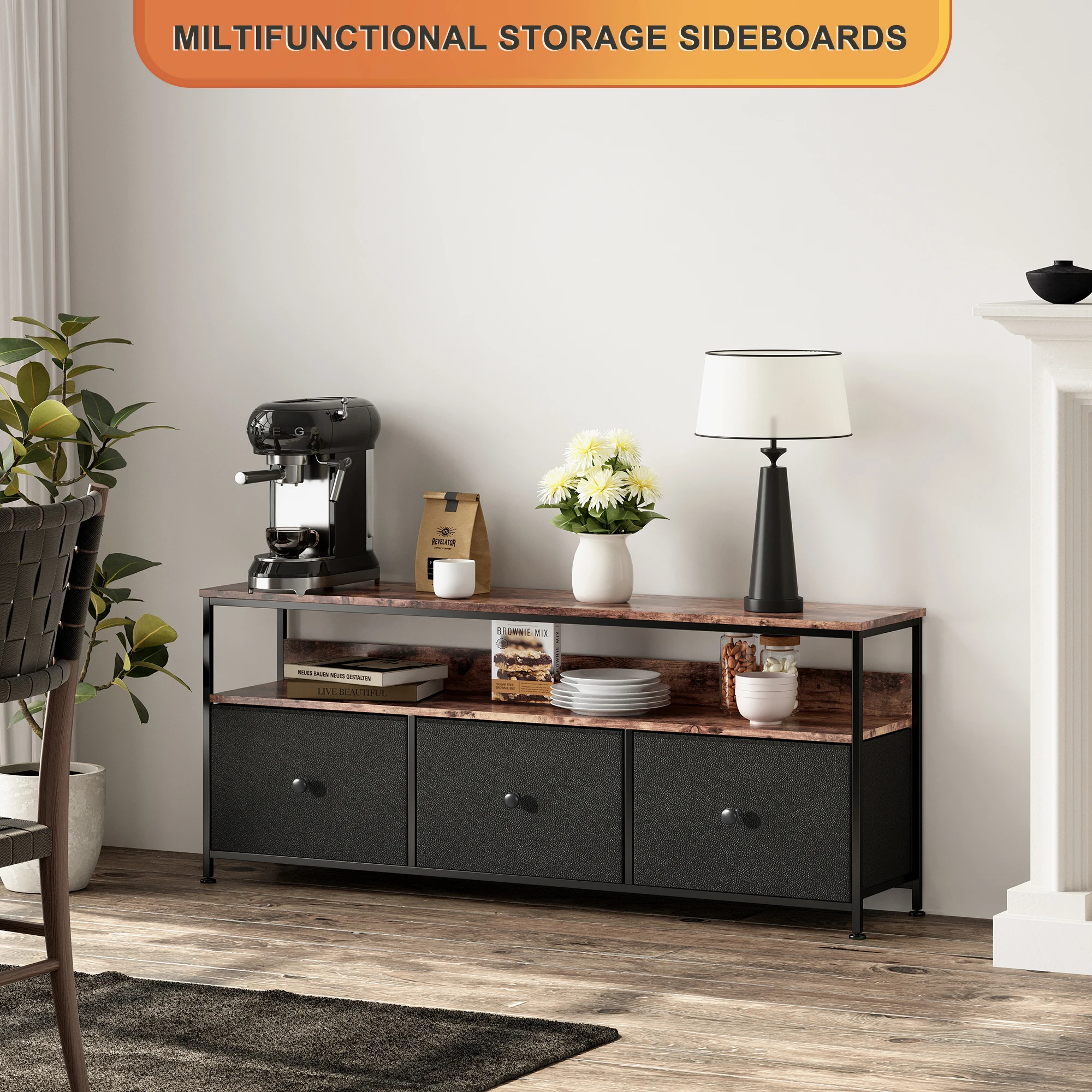 Comanlai TV Cabinet With LED Lighting,Chest of Drawers Made of Fabric,Retro Low Storage Cabinet,Multipurpose for Living Room