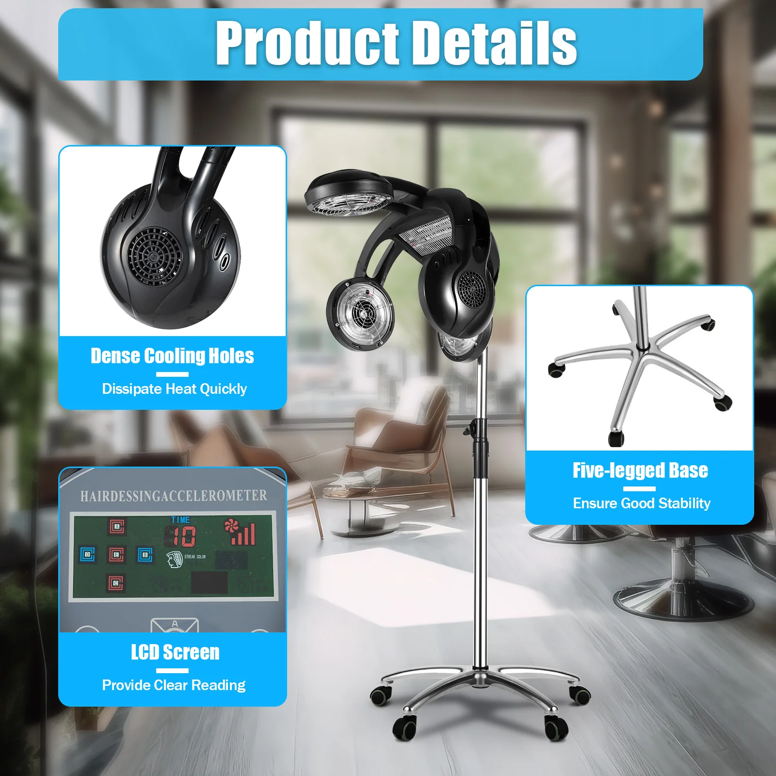 1400W Salon Infared Lamp Professional Standing Hair Hood Dryer Temp Perm Color Heater Processor Beauty Salon Barber Shop