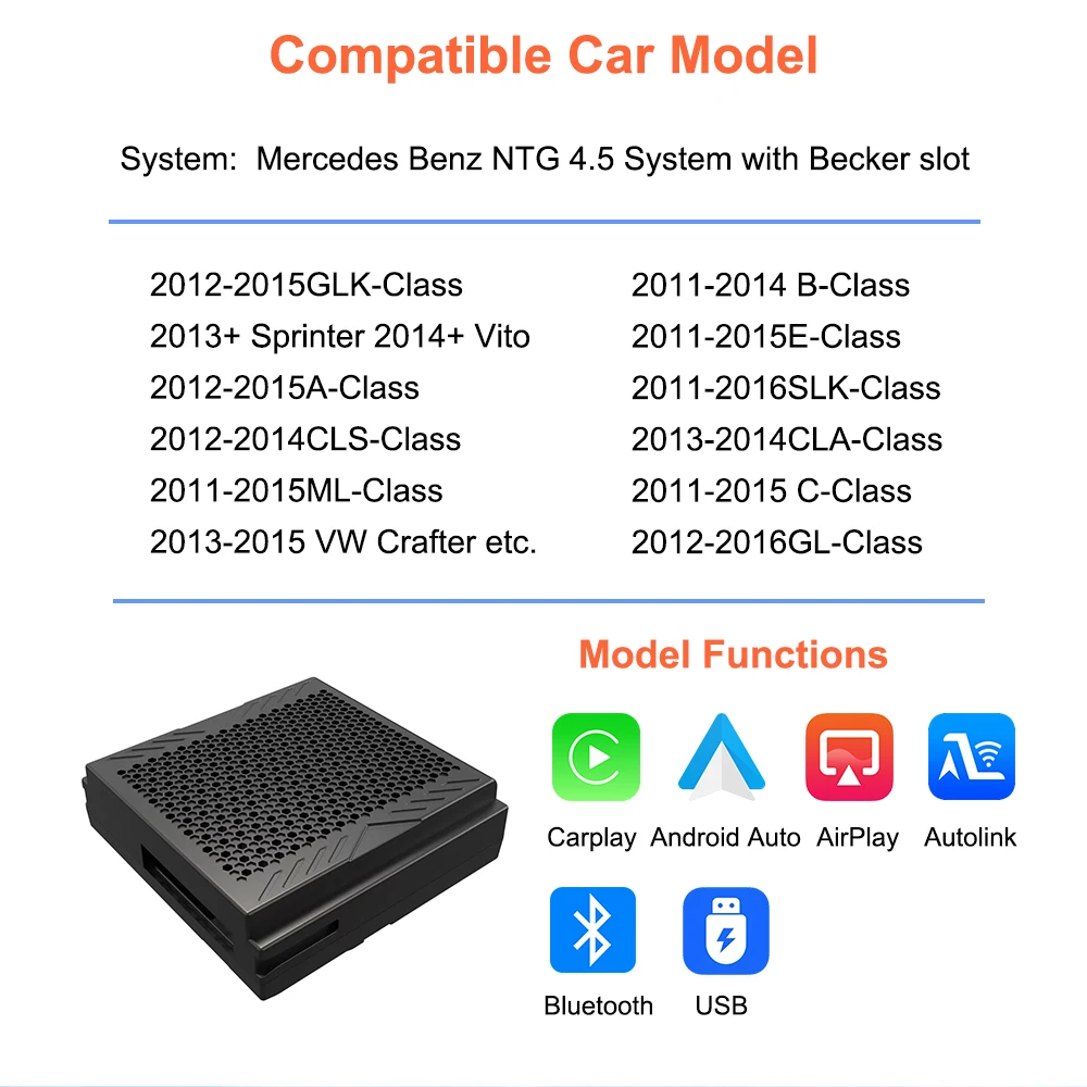 Bonroad Wireless CarPlay/Android Auto Module for Mercedes-Benz GLK-Class X204 NTG 4.5/4.7, Becker Retrofit Kit, AirPlay, MirrorLink