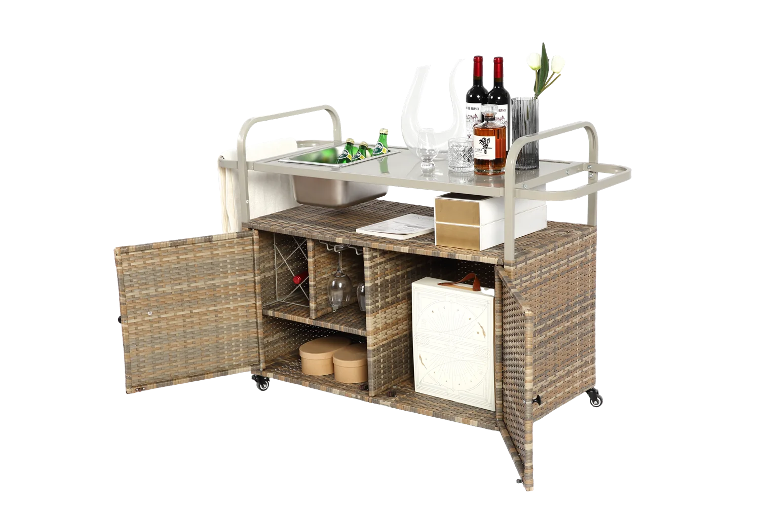Outdoor Bar Table, Wicker Bar Cart with Cabinet, Patio Serving Cart with steel Top, icebucket, Side Basket, Lockable Wheels
