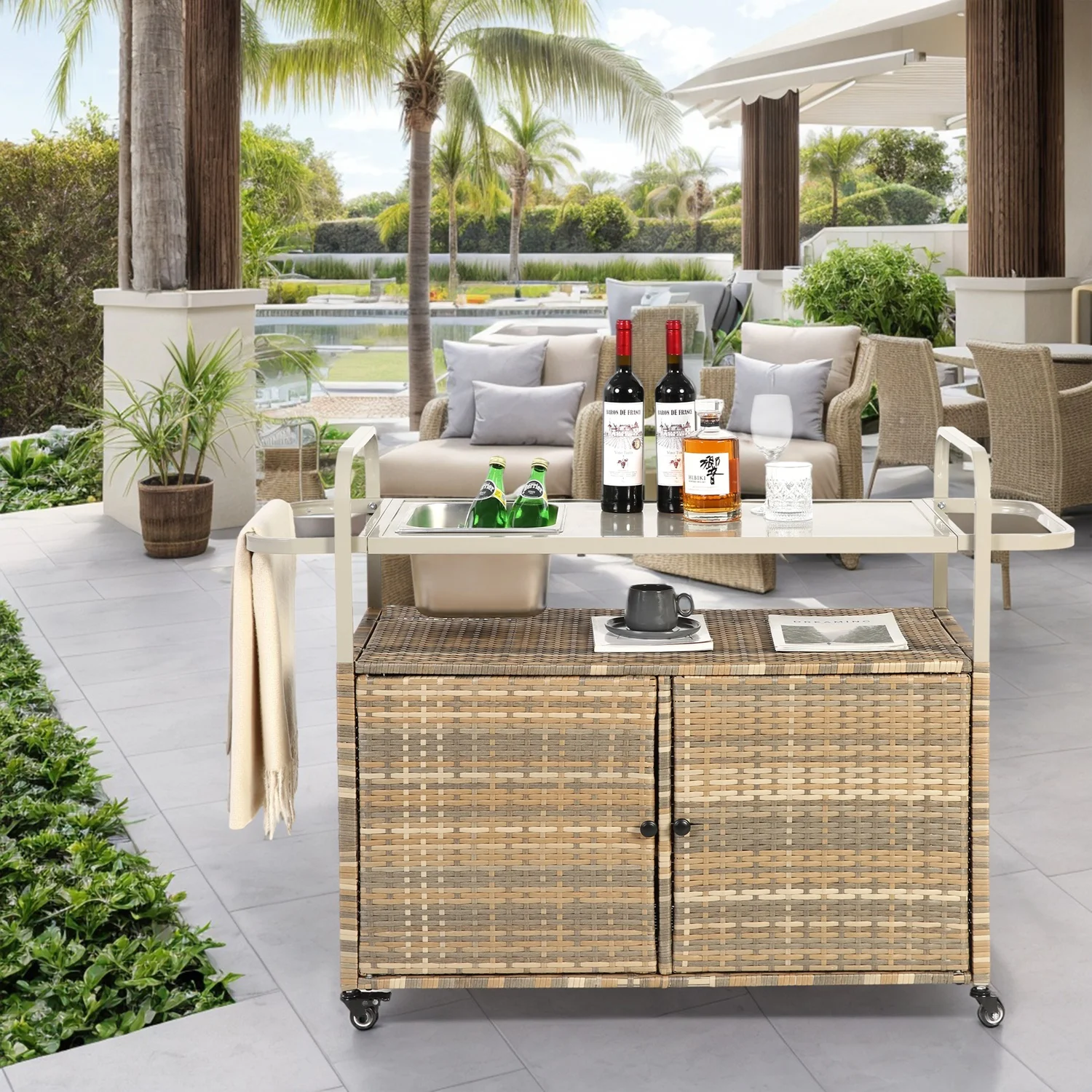 Outdoor Bar Table, Wicker Bar Cart with Cabinet, Patio Serving Cart with steel Top, icebucket, Side Basket, Lockable Wheels