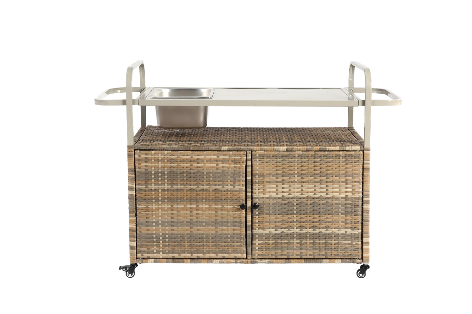 Outdoor Bar Table, Wicker Bar Cart with Cabinet, Patio Serving Cart with steel Top, icebucket, Side Basket, Lockable Wheels