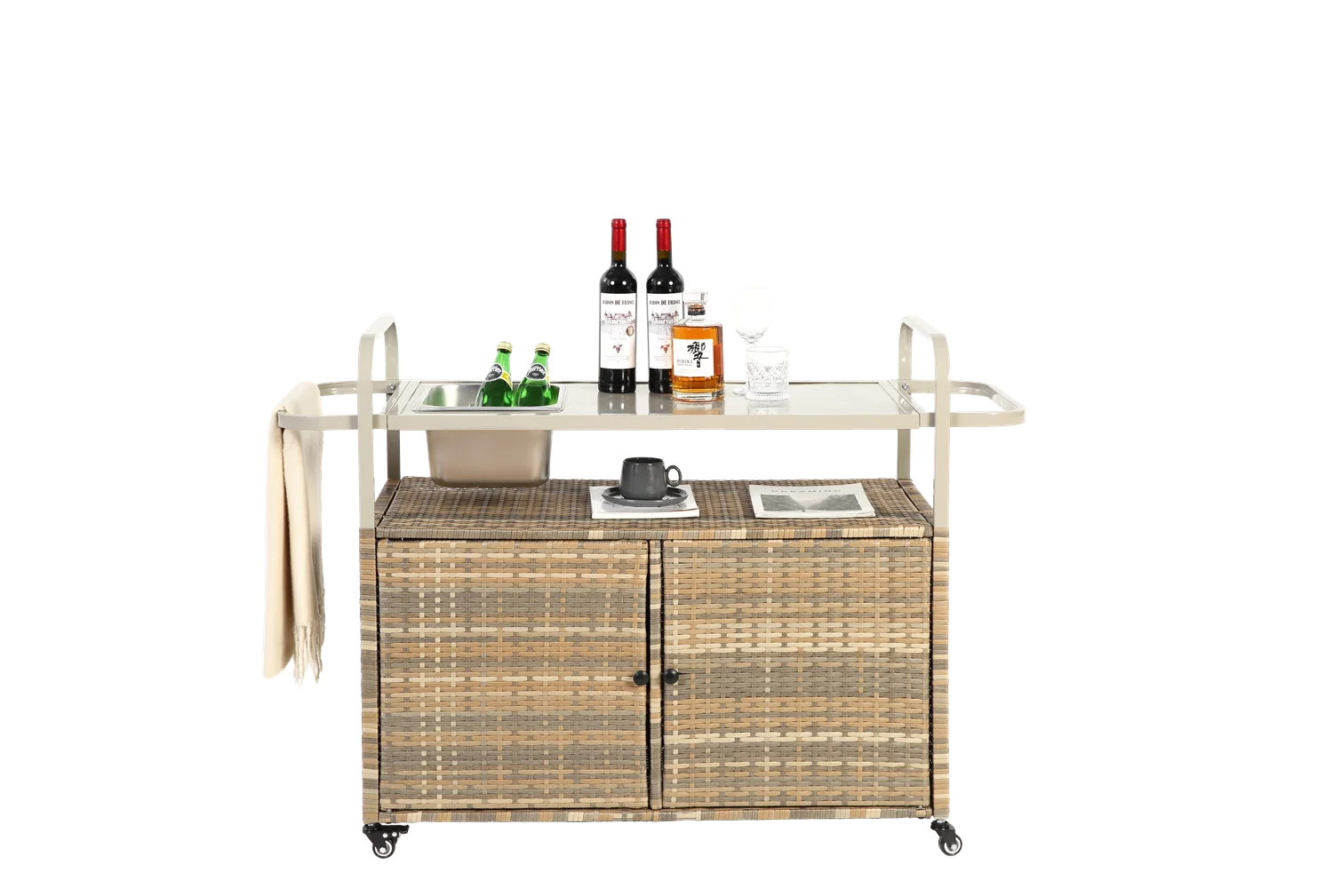 Outdoor Bar Table, Wicker Bar Cart with Cabinet, Patio Serving Cart with steel Top, icebucket, Side Basket, Lockable Wheels