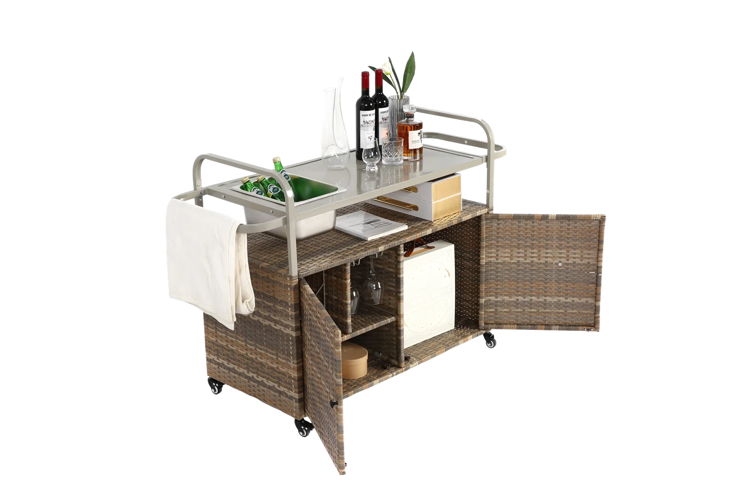 Outdoor Bar Table, Wicker Bar Cart with Cabinet, Patio Serving Cart with steel Top, icebucket, Side Basket, Lockable Wheels