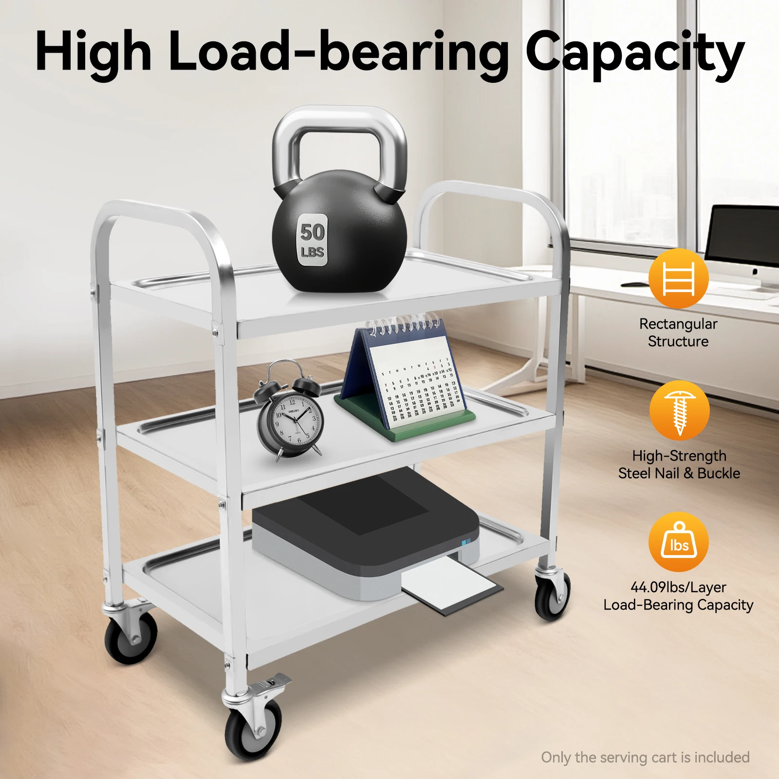 3 Shelves Stainless Steel Service Kitchen Trolley with Brake Wheels Rectangular Food Serving Cart 20kg Load-Bearing Capacity of Each Layer