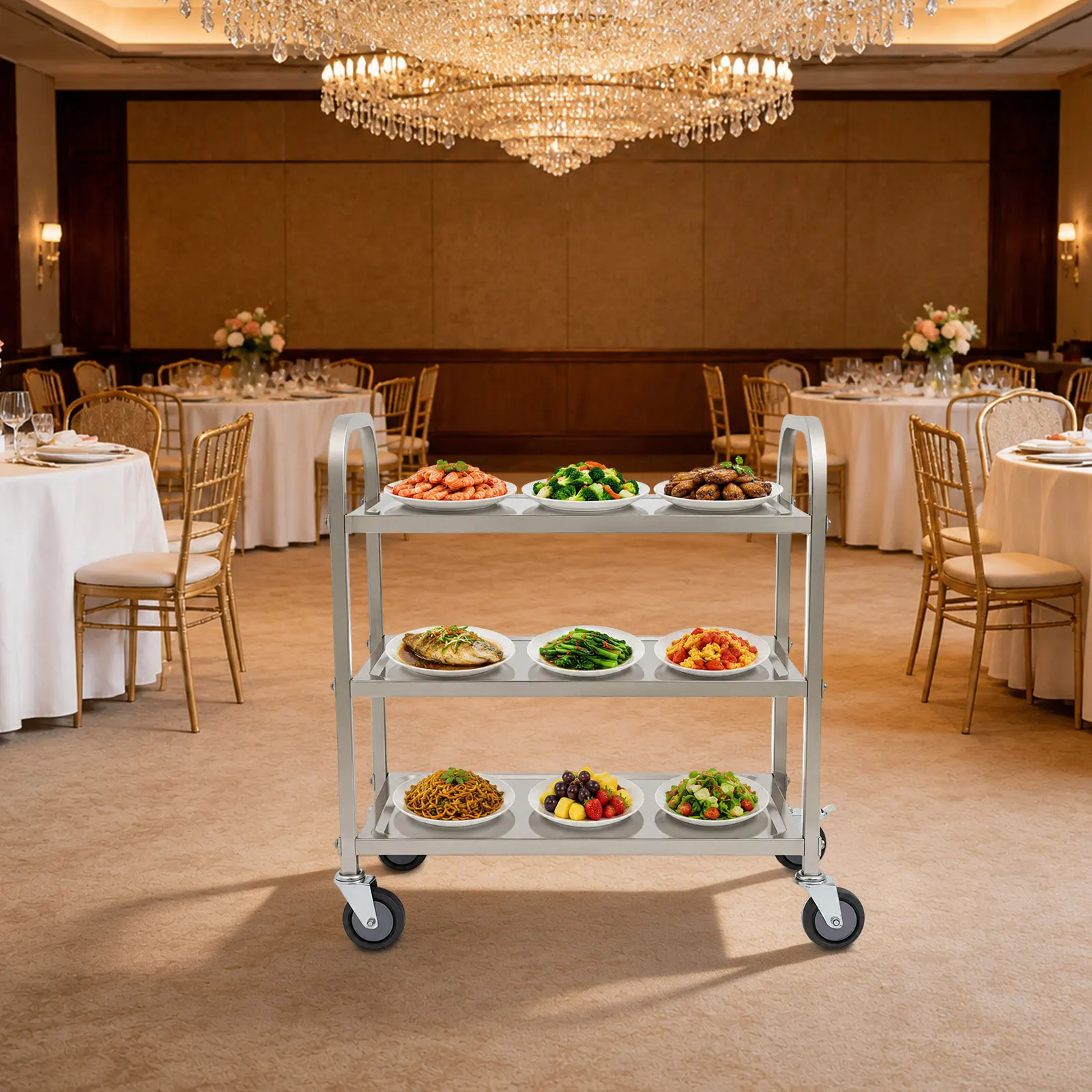 3 Shelves Stainless Steel Service Kitchen Trolley with Brake Wheels Rectangular Food Serving Cart 20kg Load-Bearing Capacity of Each Layer