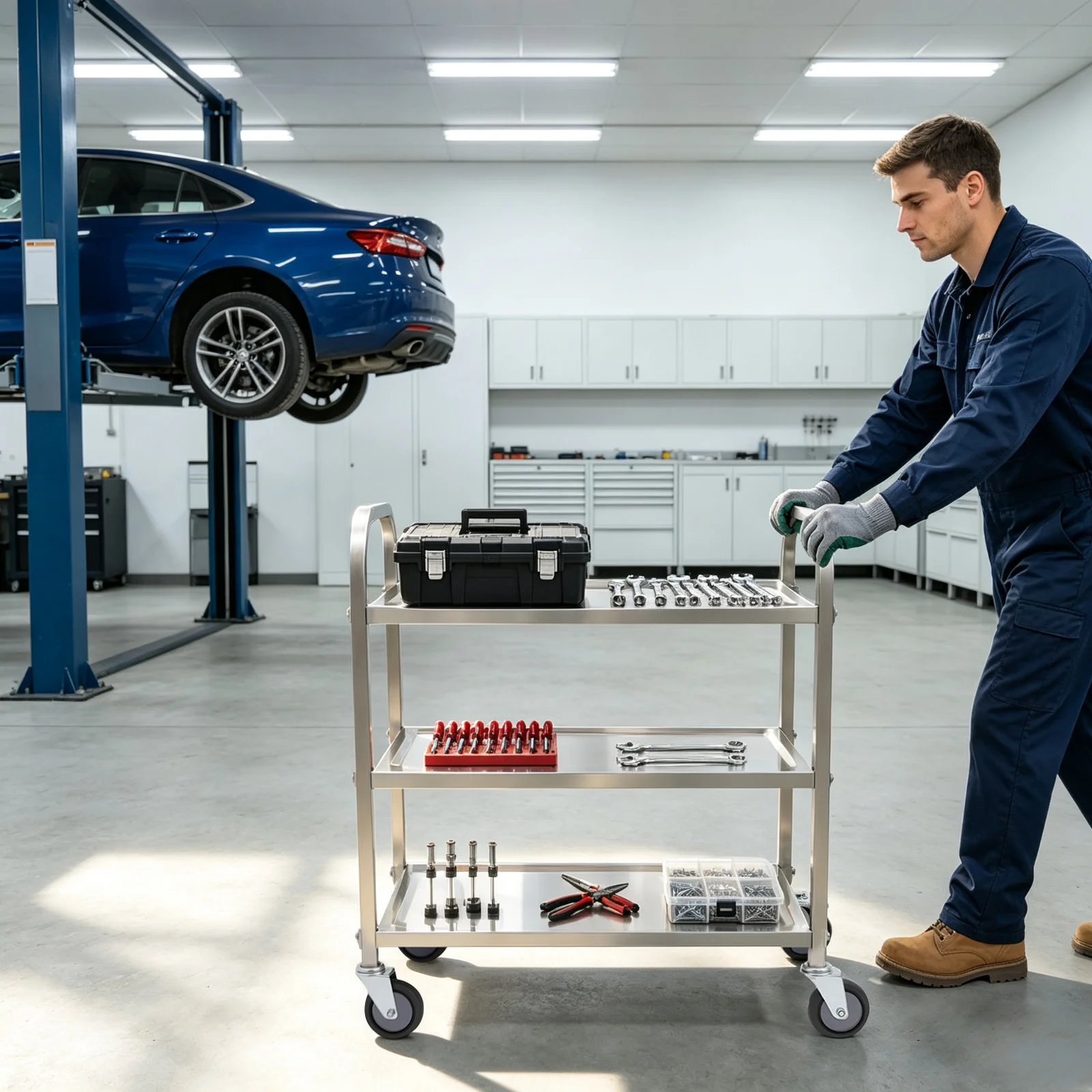 3 Shelves Stainless Steel Service Kitchen Trolley with Brake Wheels Rectangular Food Serving Cart 20kg Load-Bearing Capacity of Each Layer