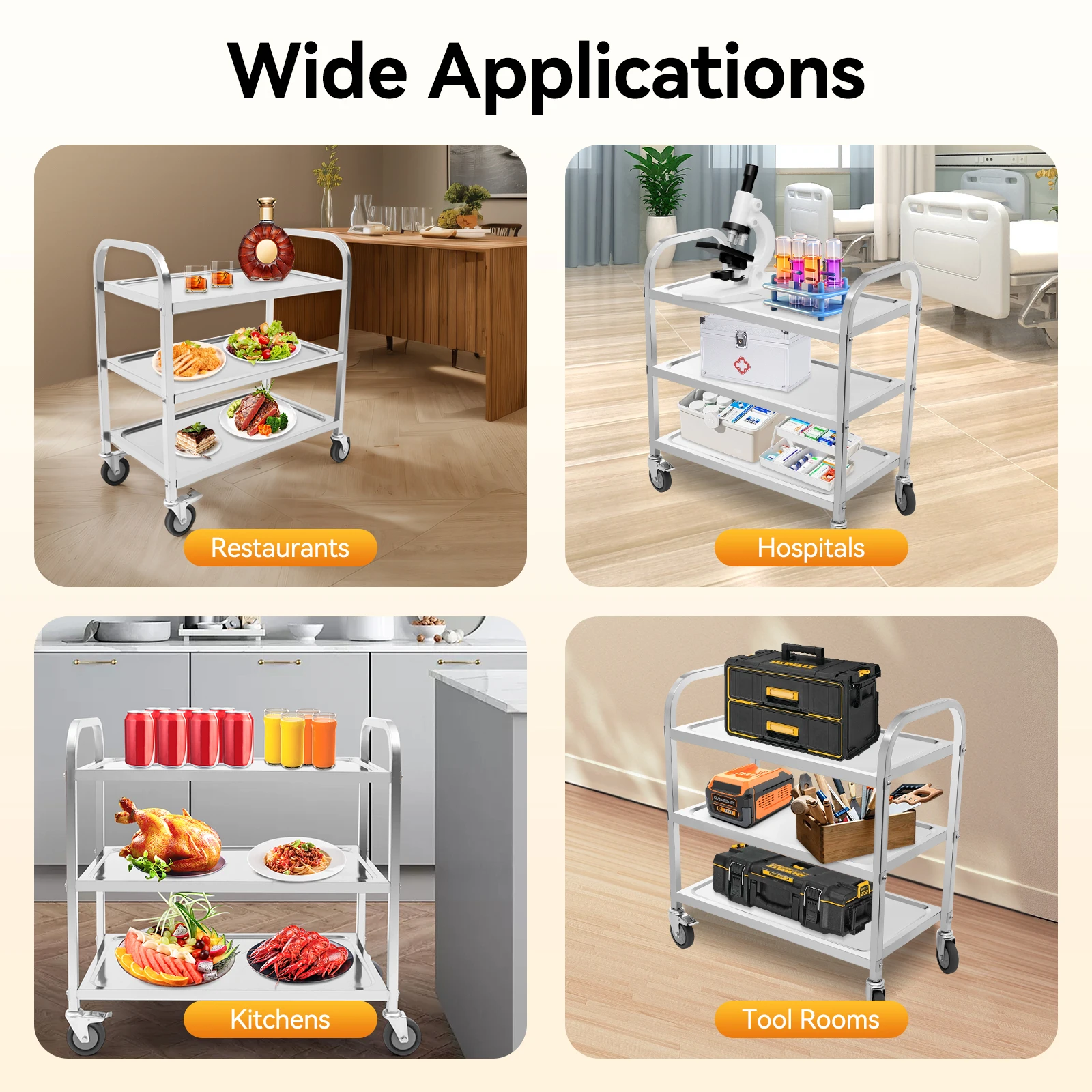 3 Shelves Stainless Steel Service Kitchen Trolley with Brake Wheels Rectangular Food Serving Cart 20kg Load-Bearing Capacity of Each Layer
