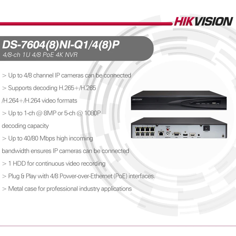 Hikvision 4K PoE NVR 4CH DS-7604NI-Q1/4P 8CH DS-7608NI-Q1/8P 8MP Two-Way Audio For CCTV Security Camera Network Video Recorder