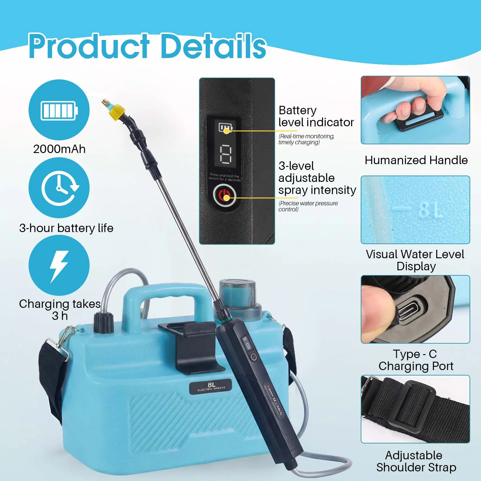 6.5L/8L/9L Automatic Electric Sprayer Garden Plant Sprayer Handheld Rechargeable Sprinkler Sprayer Atomization Shouldered Watering Can