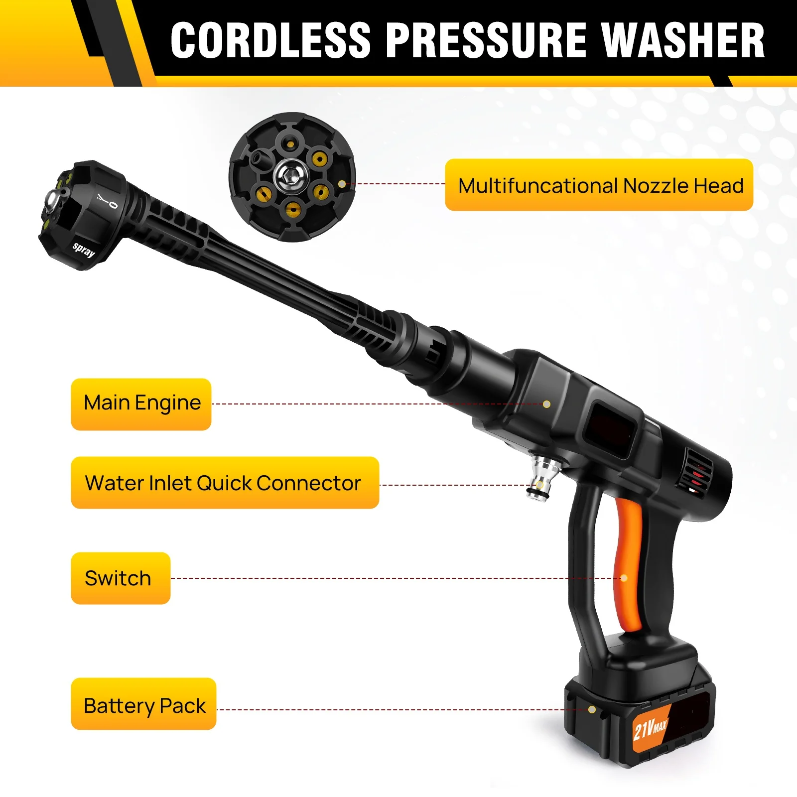 BRIEFNESS Car Washer Cordless High Pressure Washer 6 in 1 Adjustable Nozzle 5m Hose Pressure Cleaner Portable Cleaning Tool