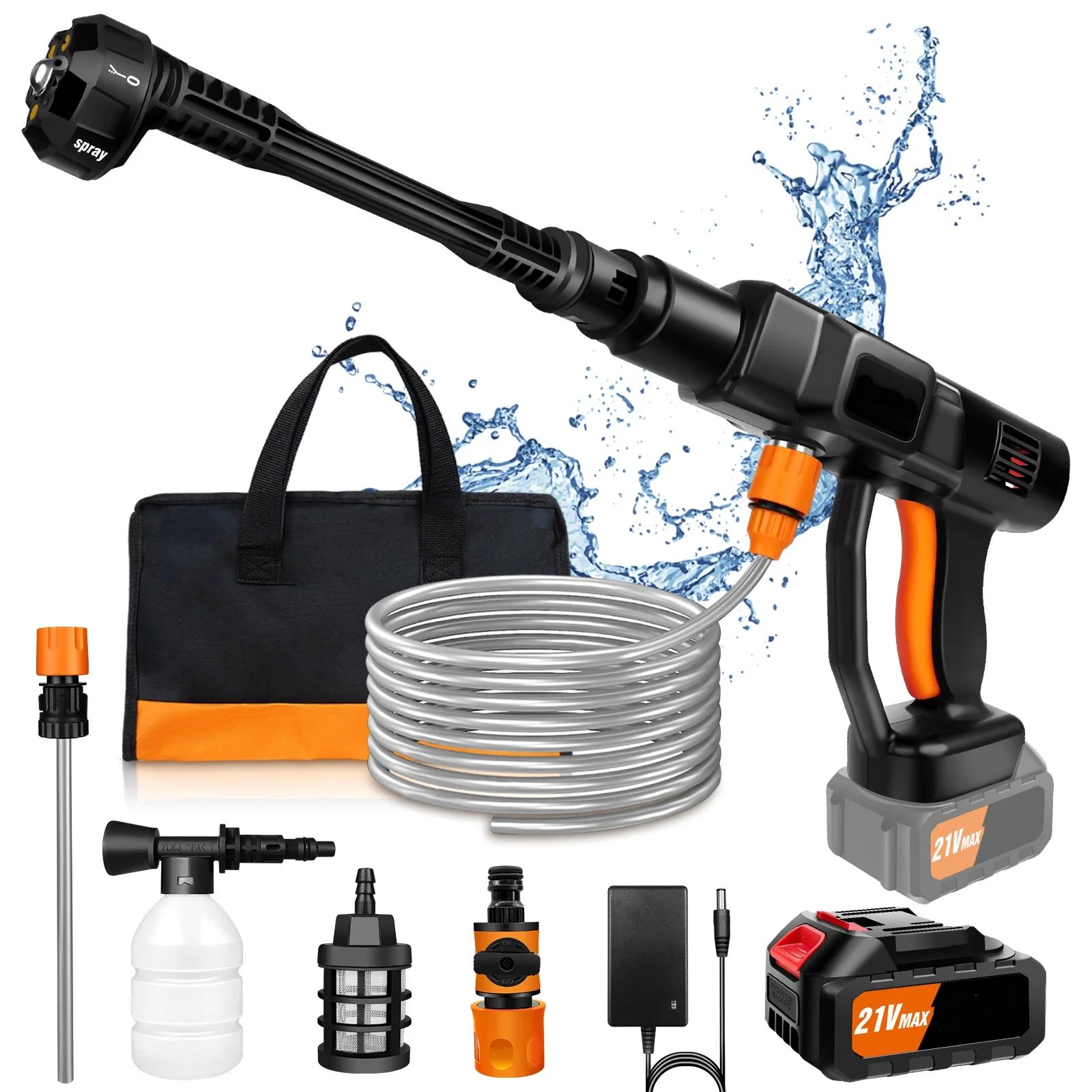 BRIEFNESS Car Washer Cordless High Pressure Washer 6 in 1 Adjustable Nozzle 5m Hose Pressure Cleaner Portable Cleaning Tool