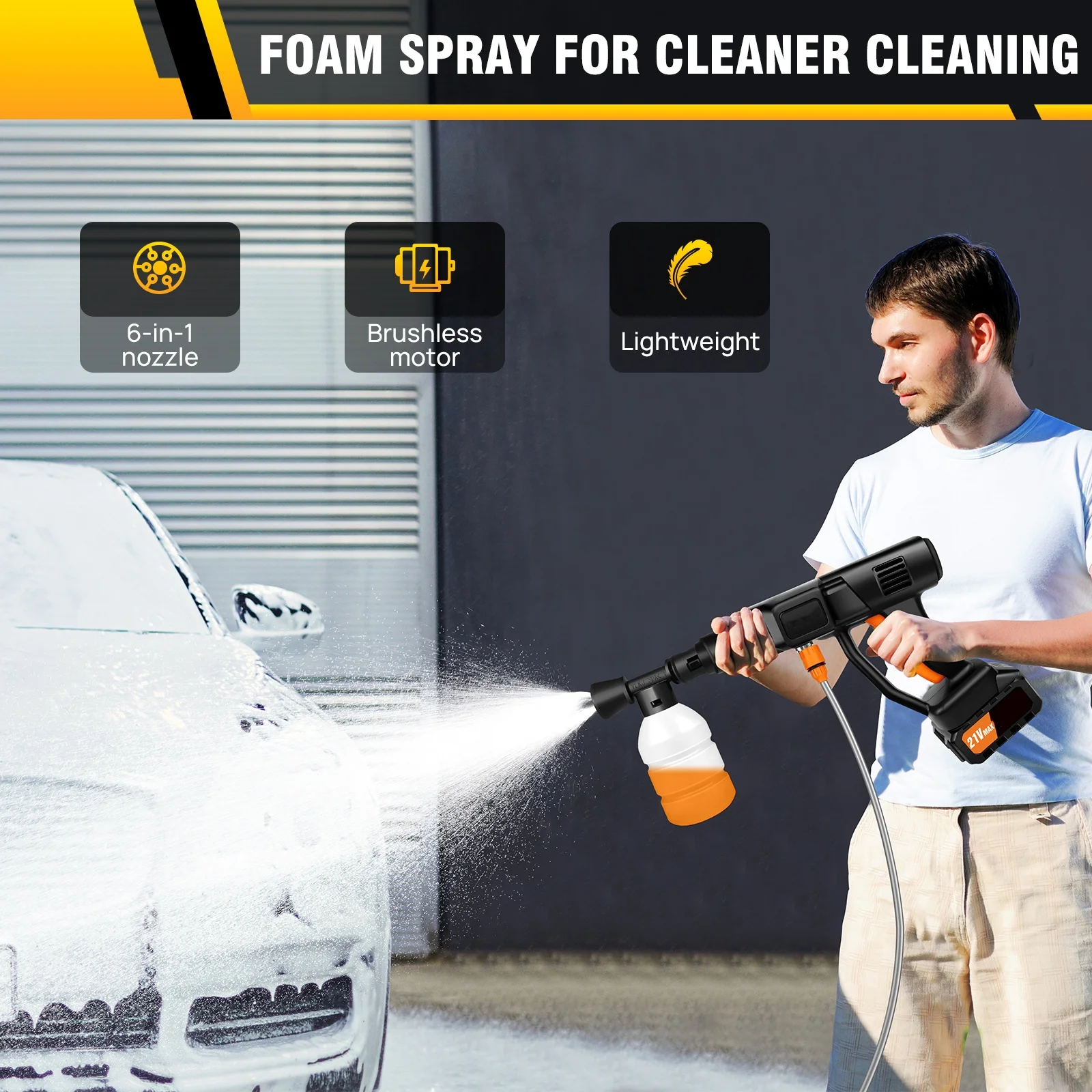 BRIEFNESS Car Washer Cordless High Pressure Washer 6 in 1 Adjustable Nozzle 5m Hose Pressure Cleaner Portable Cleaning Tool