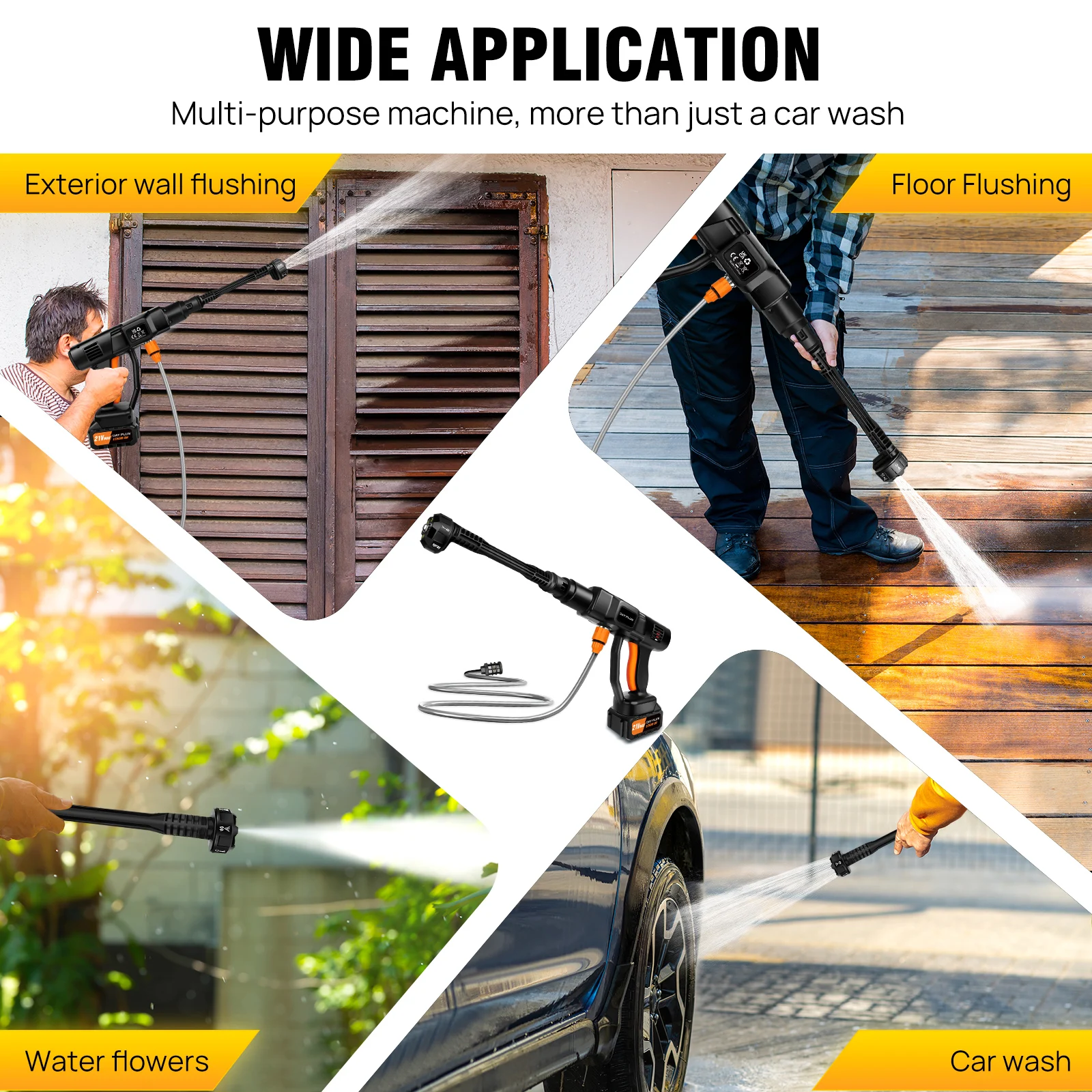 BRIEFNESS Car Washer Cordless High Pressure Washer 6 in 1 Adjustable Nozzle 5m Hose Pressure Cleaner Portable Cleaning Tool