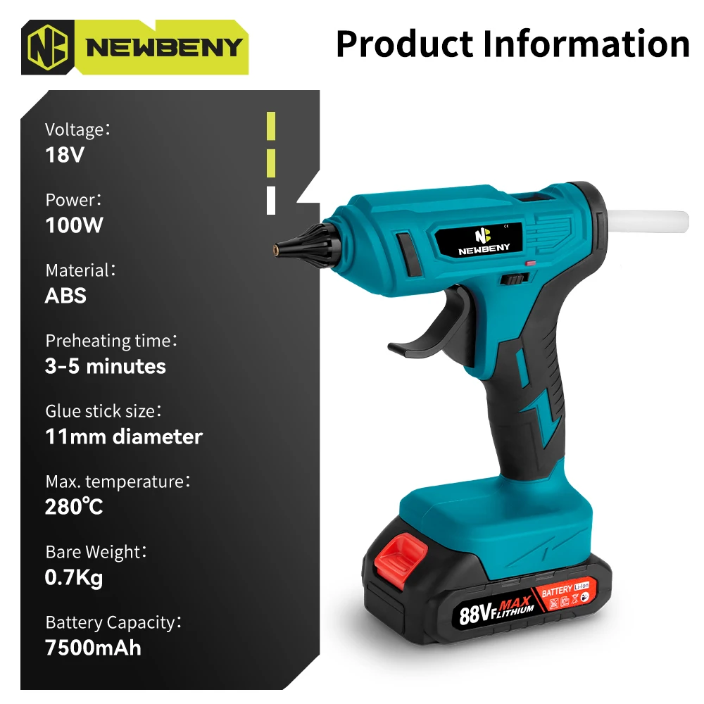NEWBENY 280°C Electric Hot Melt Glue Gun 11MM 10pcs Glue Sticks Portable Rechargeable DIY Repair Tool For Makita Battery Pin