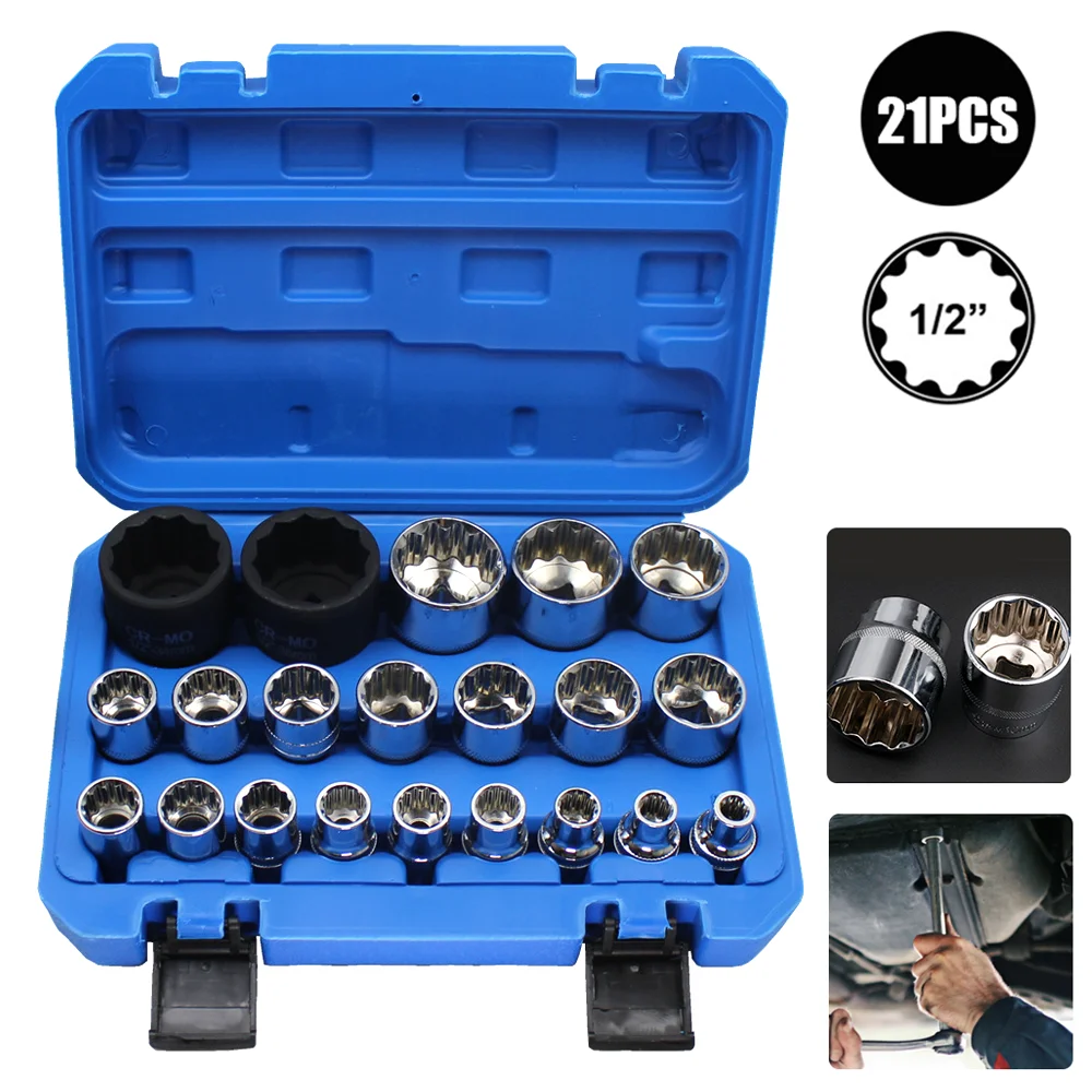 21 Pcs 1/2 Torx Sockets Set Ratchet Wrench Tool 12-point 8-36mm Specification Socket Head Set Car Repair Tool