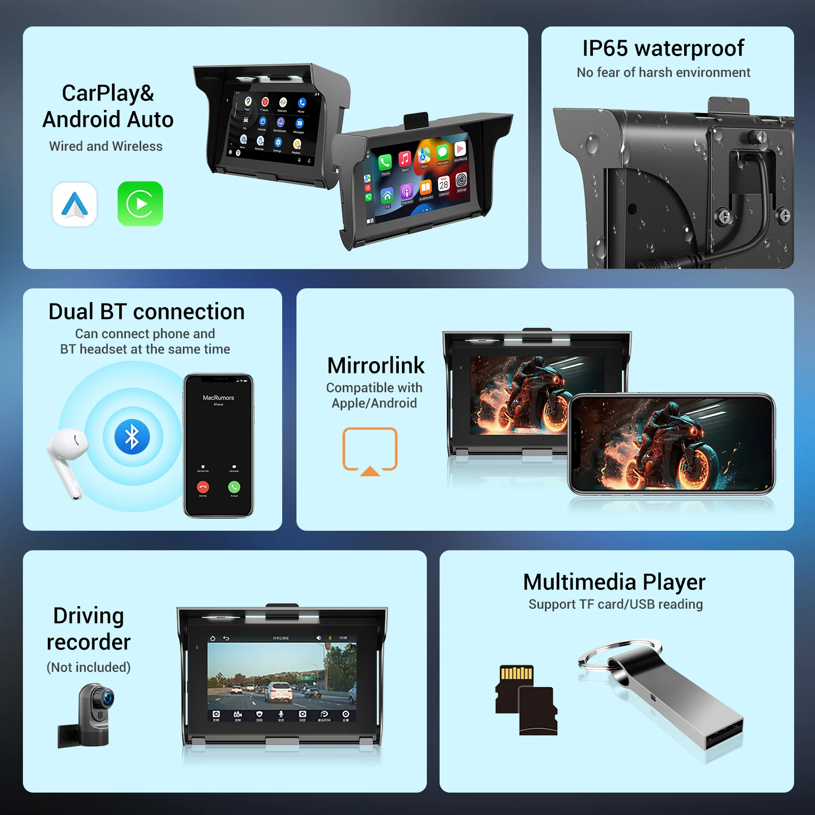 ESSGOO 5inch Motorcycle Carplay MP5 Portable Smart Player Wireless Carplay Android auto with Front&Back Camera Motorcycle DVR