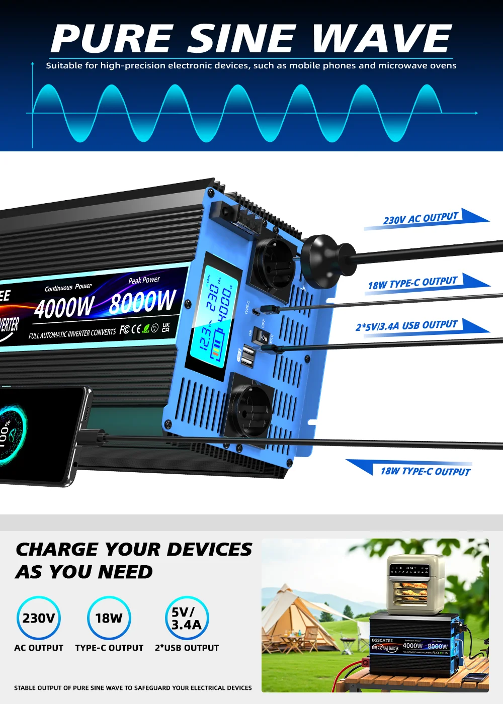 Power Inverter Pure Sine Wave DC 12V/24V To AC 230V Transforme Converter Solar Inverters With LCD Display,USB,Remote Control