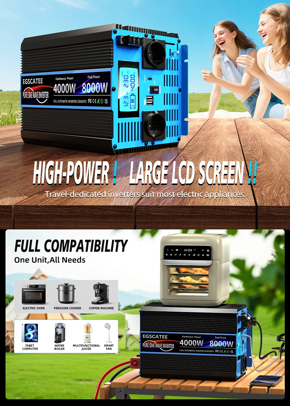 Power Inverter Pure Sine Wave DC 12V/24V To AC 230V Transforme Converter Solar Inverters With LCD Display,USB,Remote Control