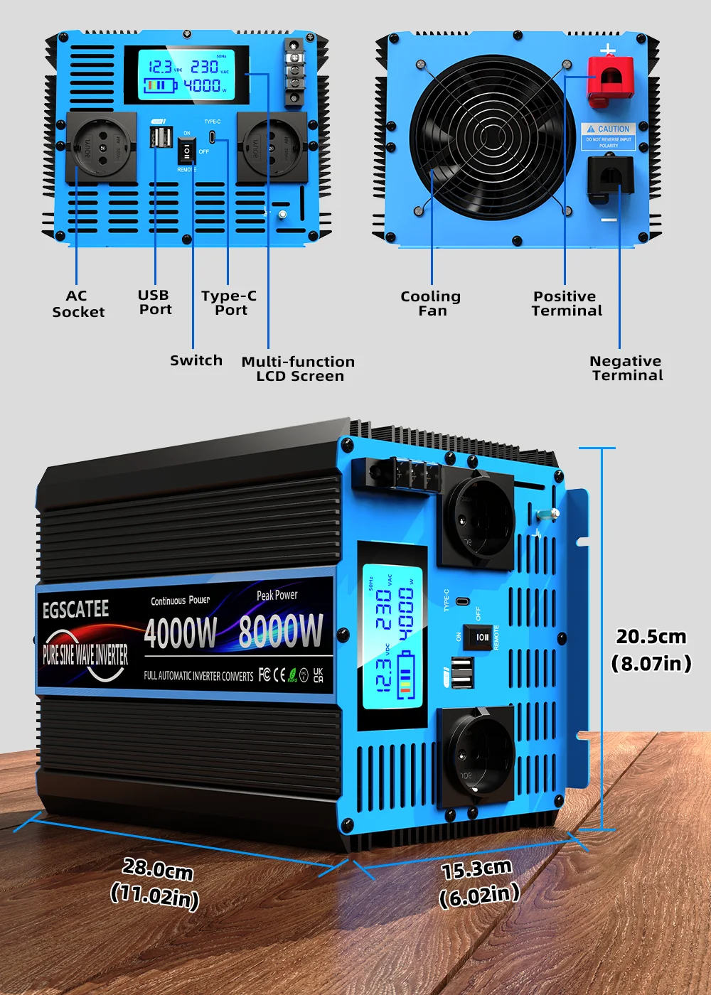Power Inverter Pure Sine Wave DC 12V/24V To AC 230V Transforme Converter Solar Inverters With LCD Display,USB,Remote Control