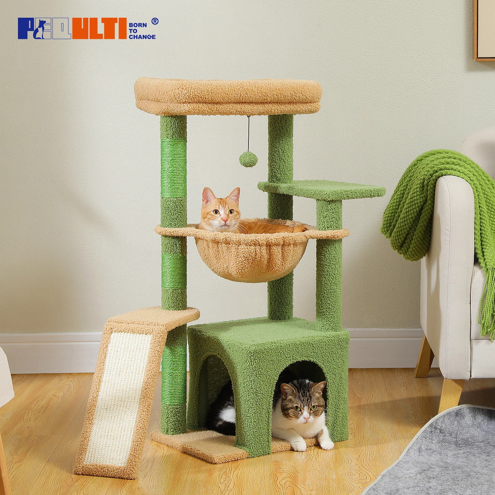 Cat Tree with Sisal Scratching Post, Large Condos, Spacious Hammock, Cute Cat Tower for Indoor, Cat Scratching Pad, Cat Toys