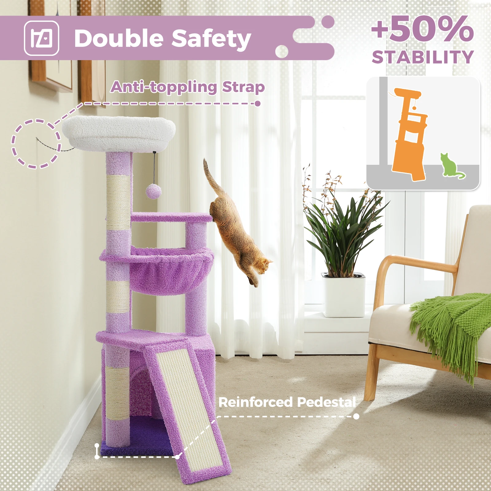 Cat Tree with Sisal Scratching Post, Large Condos, Spacious Hammock, Cute Cat Tower for Indoor, Cat Scratching Pad, Cat Toys