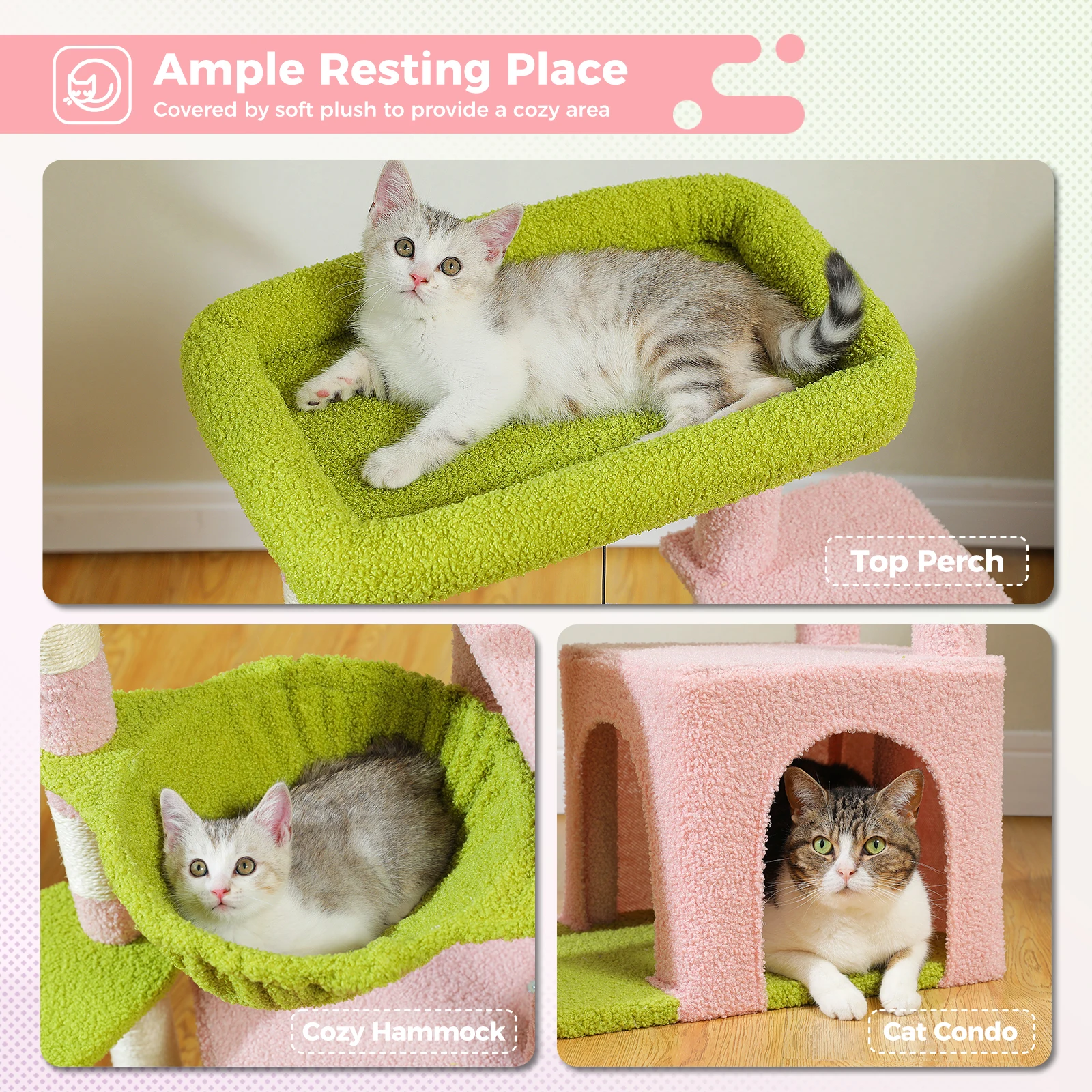 Cat Tree with Sisal Scratching Post, Large Condos, Spacious Hammock, Cute Cat Tower for Indoor, Cat Scratching Pad, Cat Toys