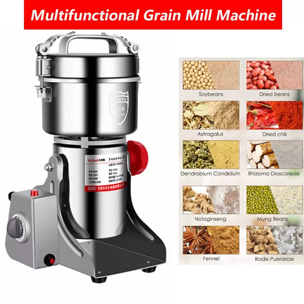 Electric Grain Grinder Stainless Steel Spice Herb Grinder Cereal Mill Flour Powder Machine for Dry Herbs Spices Coffee Corn 800G