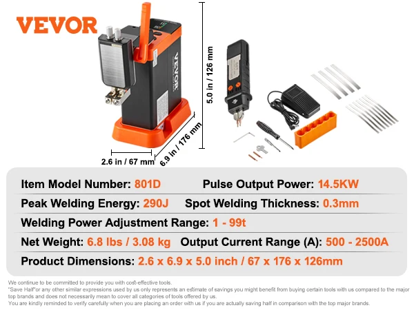 VEVOR Battery Spot Welder 14.5KW Capacitor Energy Storage Pulse Battery Spot Welder with 73B Welding Pen 801D High Power Spot