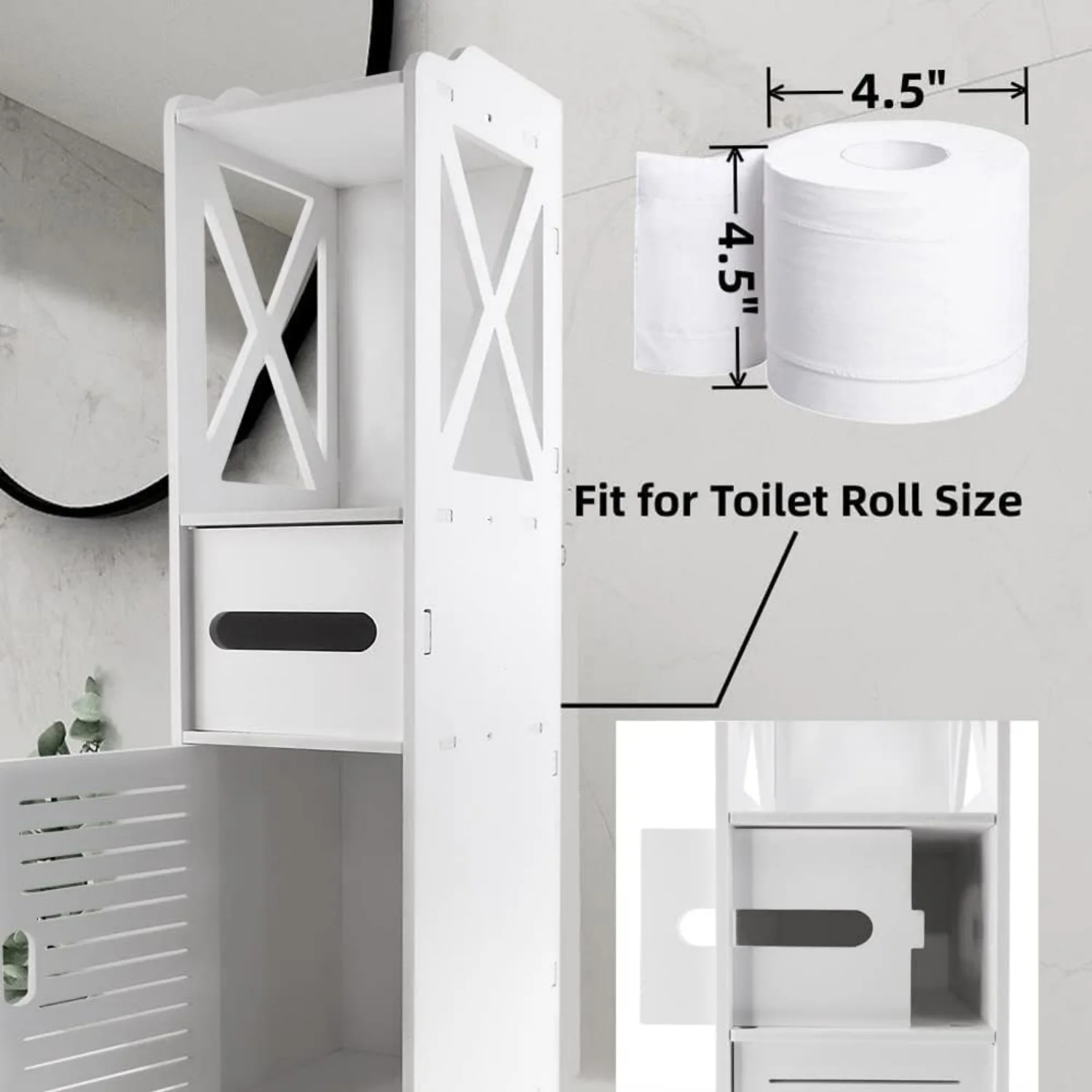 BRIEFNESS Bathroom Cabinet Waterproof Cabinet Freestanding Toilet Paper Cabinet Freestanding Storage Shelf White 80 x 18 x 20 cm
