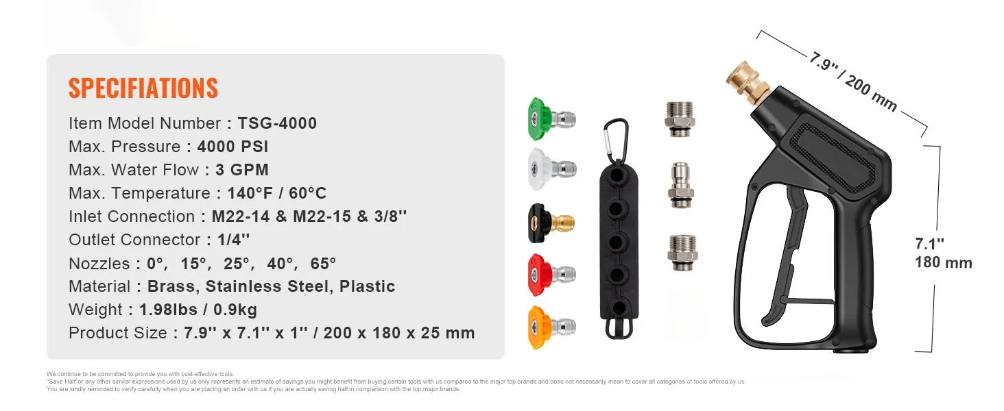 SucceBuy Short Pressure Washer Gun 4000 PSI High Power Outlet Hose Connector Foam Gun with 5 Color Quick Connect Nozzles