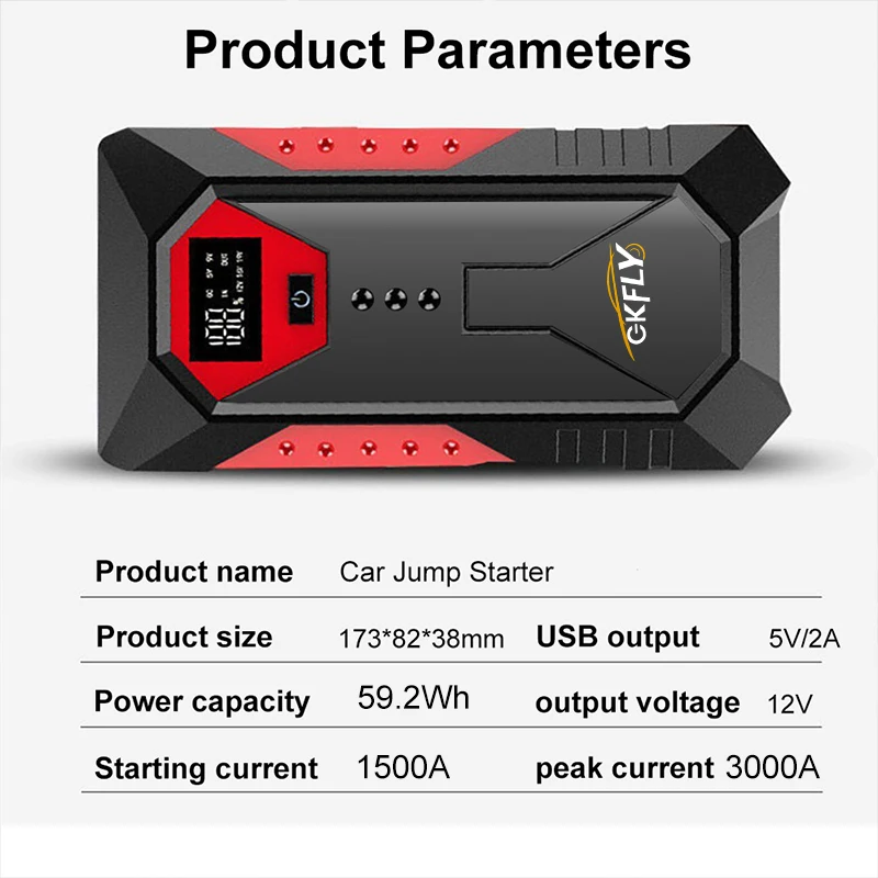 Portable 3000A Car Jump Starter 59.2Wh Power Bank Car Booster Charger 12V Starting Device Petrol Diesel Car Emergency Booster