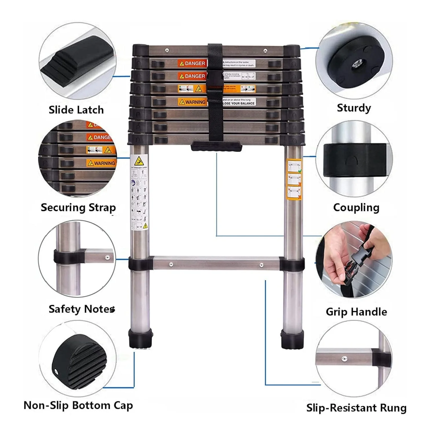 2.6 m Height Telescopic Ladder Folding Ladder Lightweight Collapsible Ladder Multifunctional Portable Telescopic Ladder